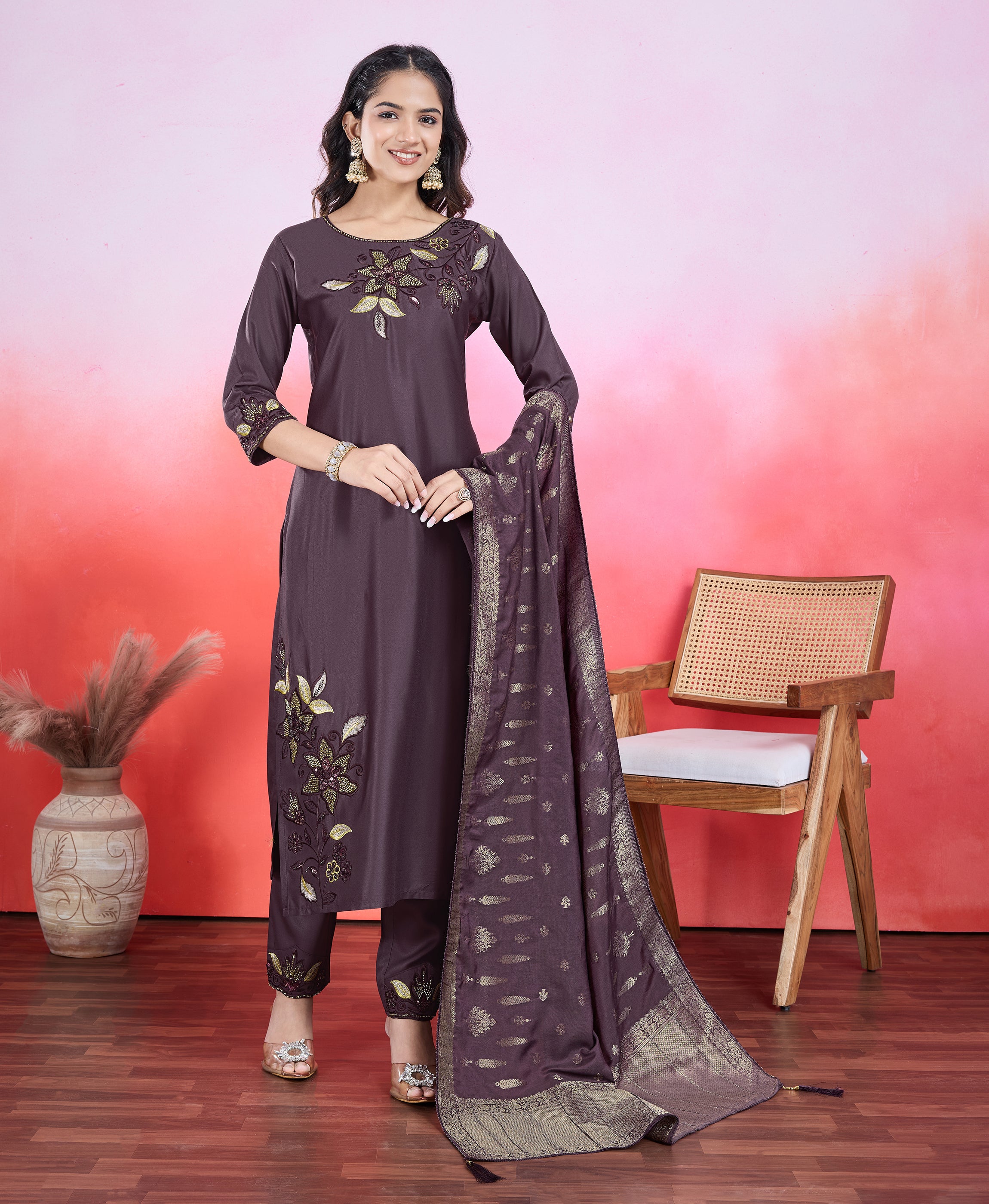 Purple Viscose Satin Straight Festive & Party Kurta Set by Her Couture