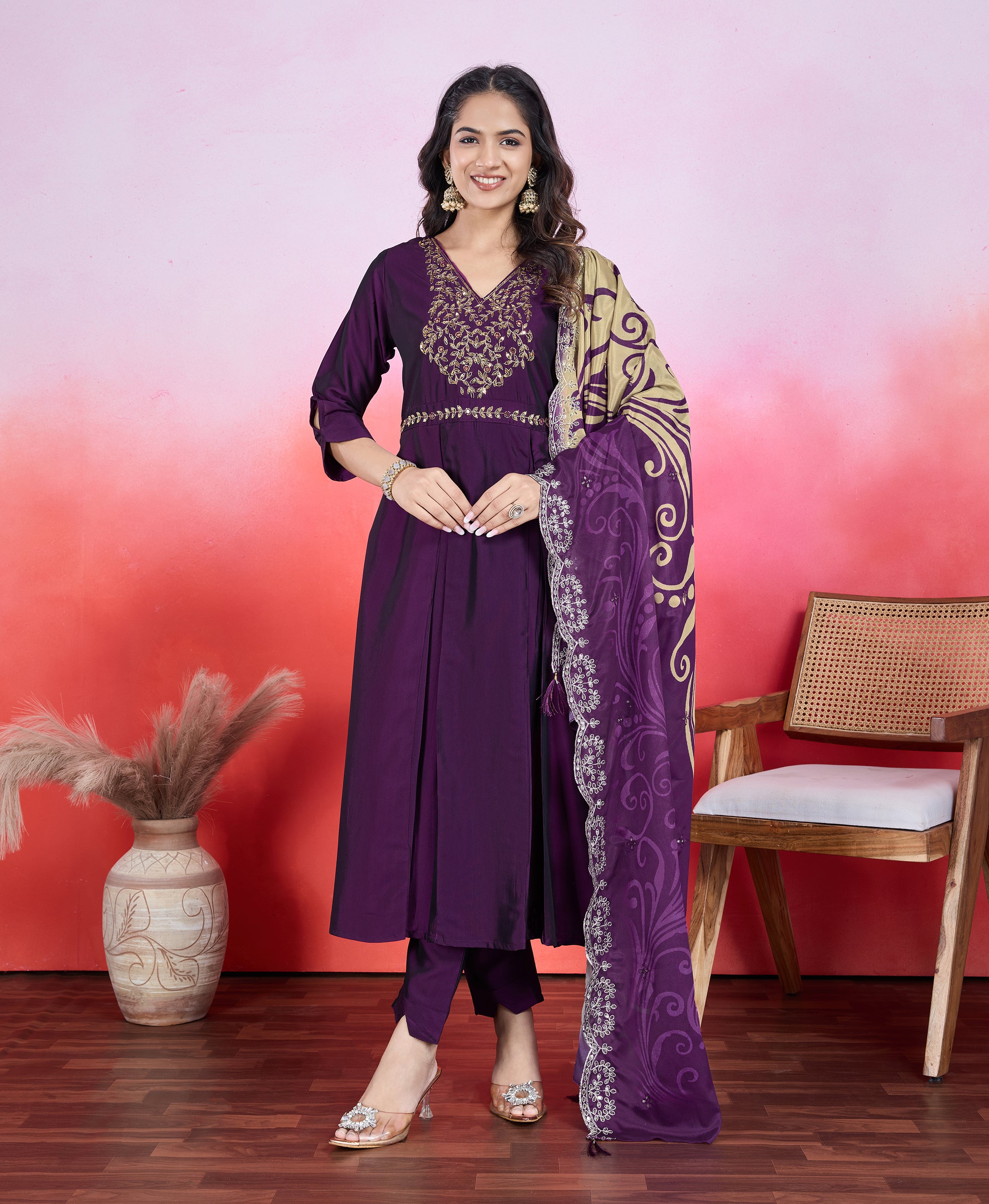 Purple Viscose Silk Flared Festive & Party Kurta Set by Her Couture