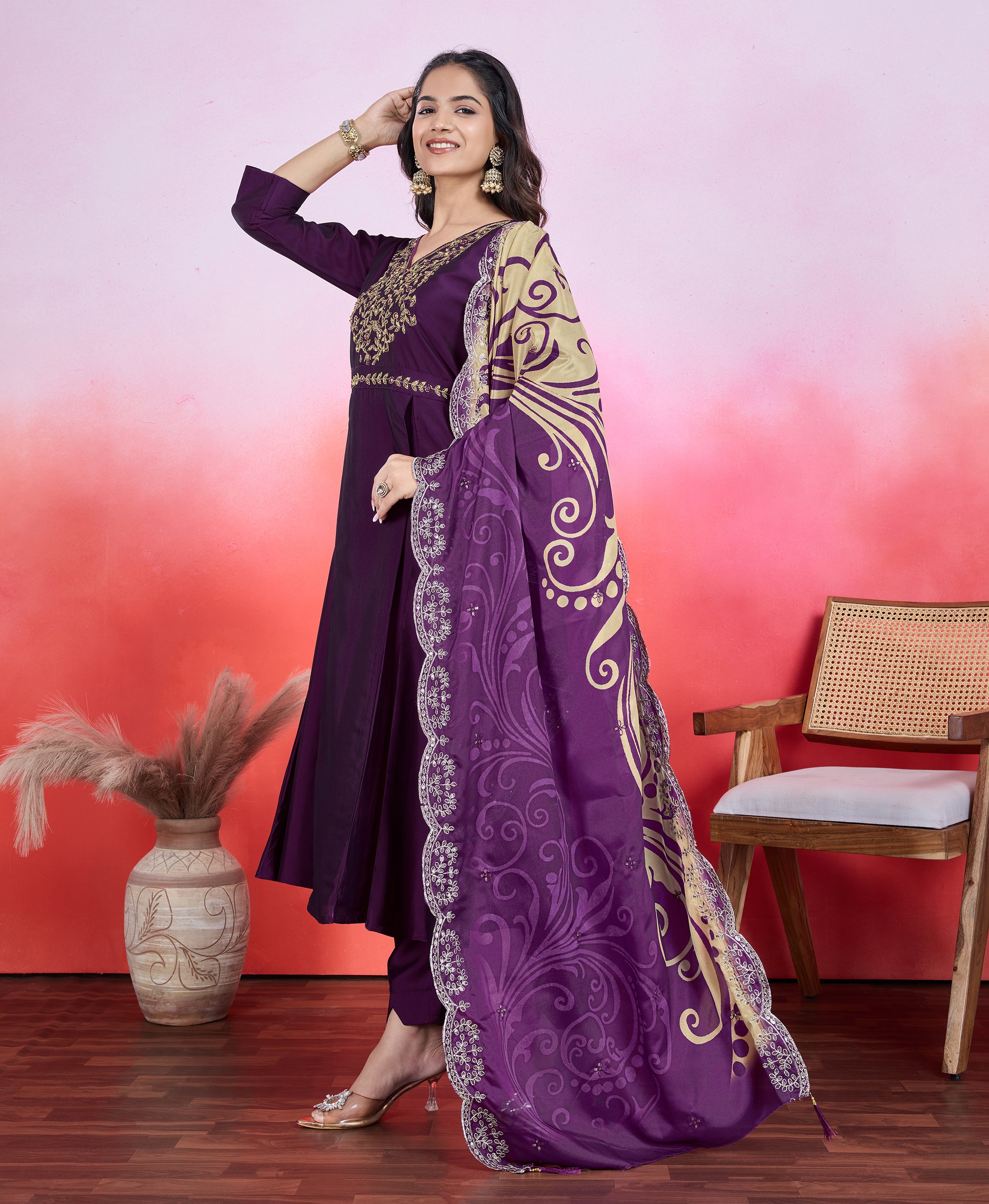 Her Couture Women's Purple Viscose Silk Floral Embroidered Flared Kurta With Pant & Printed Dupatta