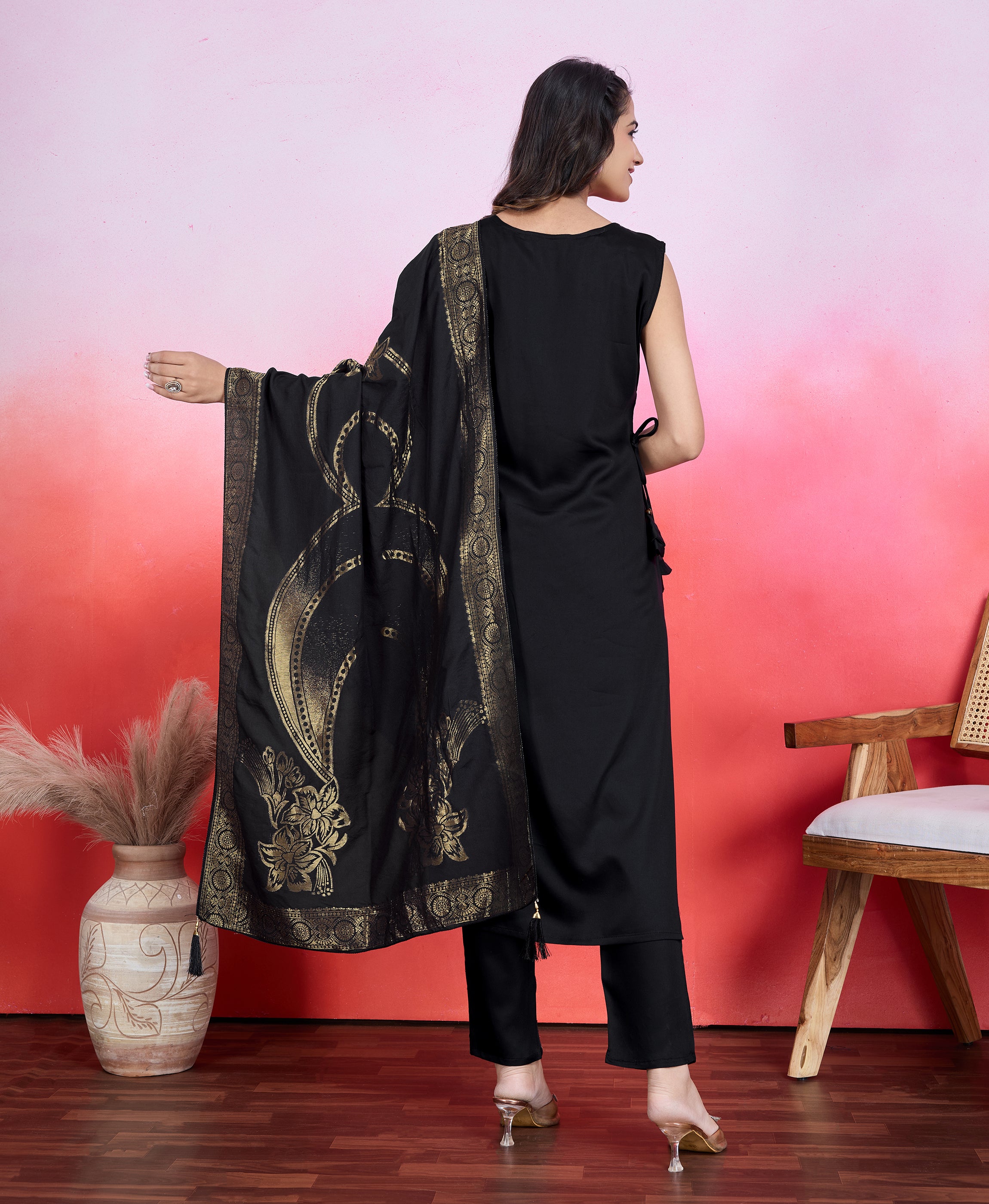 Her Couture Women's Black Viscose Satin Embroidered Straight Kurta With Pant & Printed Dupatta
