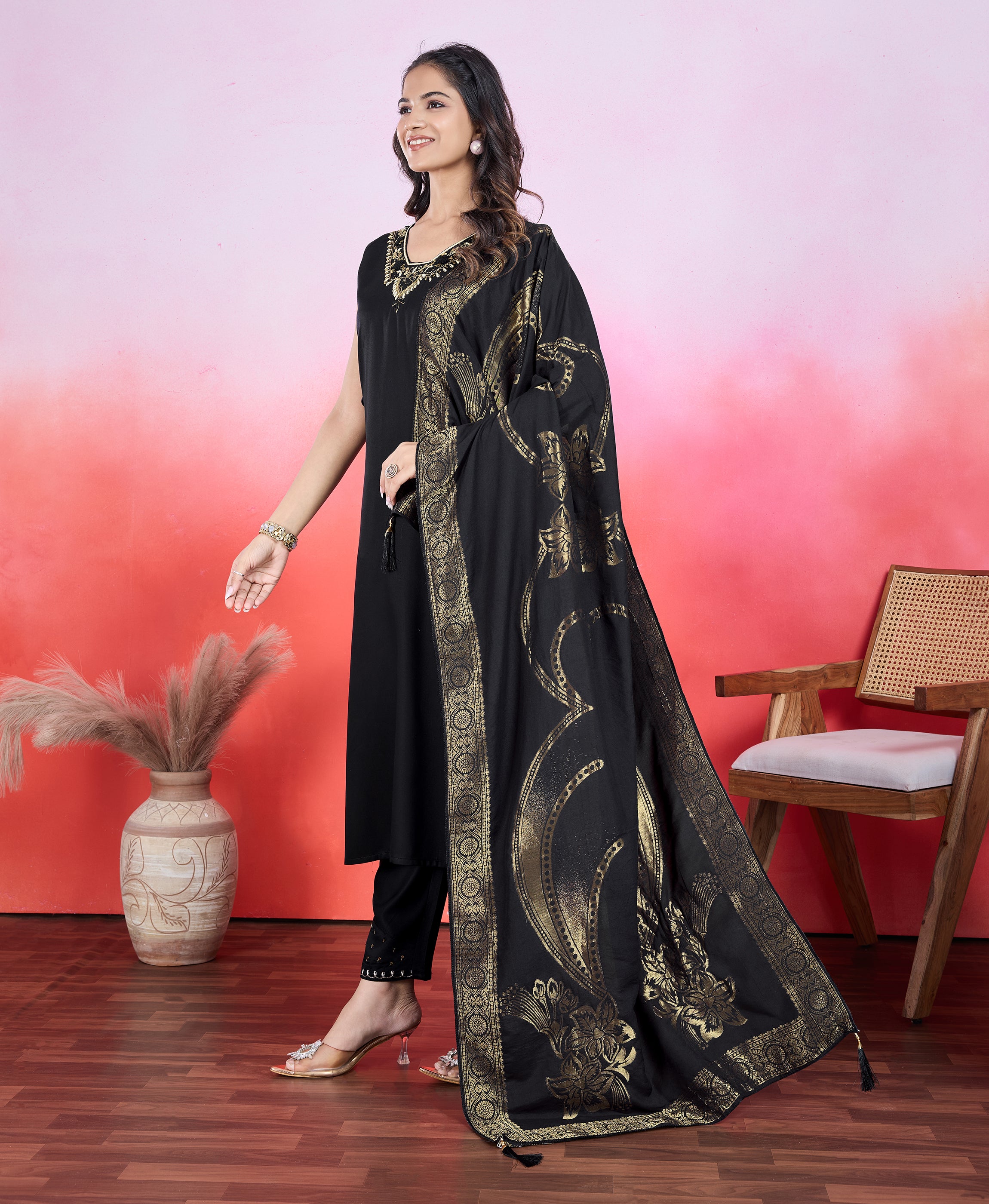 Her Couture Women's Black Viscose Satin Embroidered Straight Kurta With Pant & Printed Dupatta