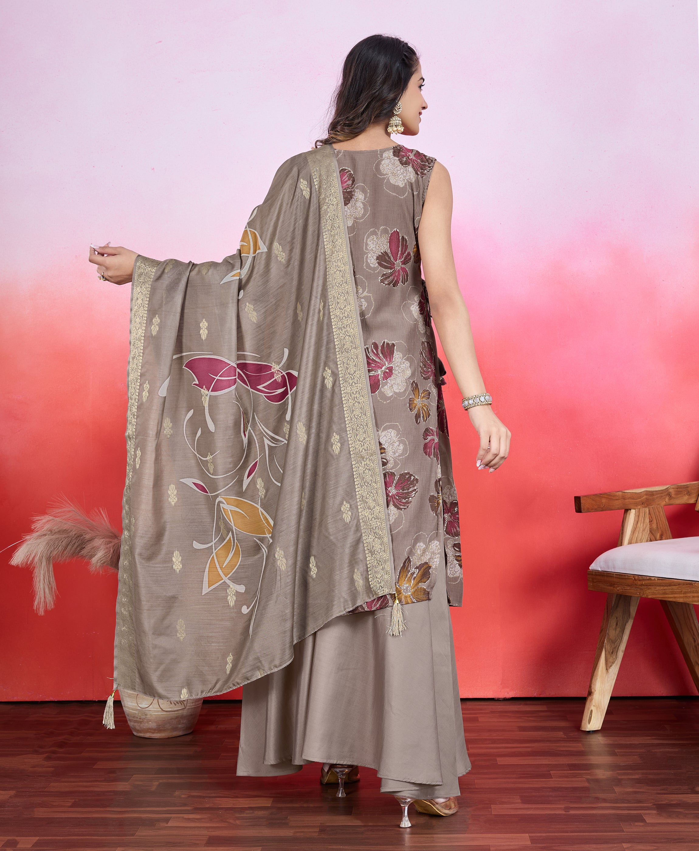 Her Couture Women's Brown Chiffon Viscose Floral & Leaf Print Flared Kurta With Flared Palazzo & Printed Dupatta