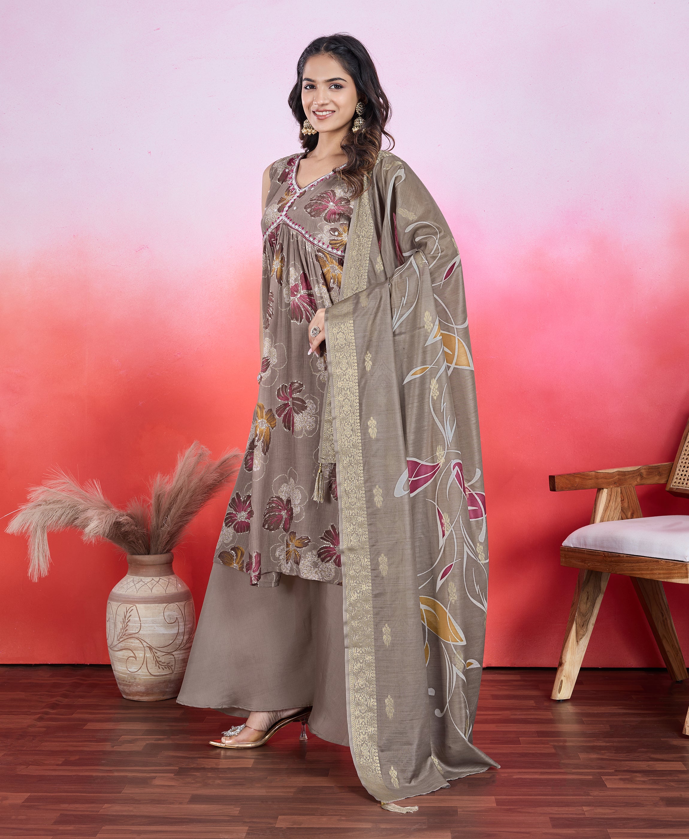Her Couture Women's Brown Chiffon Viscose Floral & Leaf Print Flared Kurta With Flared Palazzo & Printed Dupatta