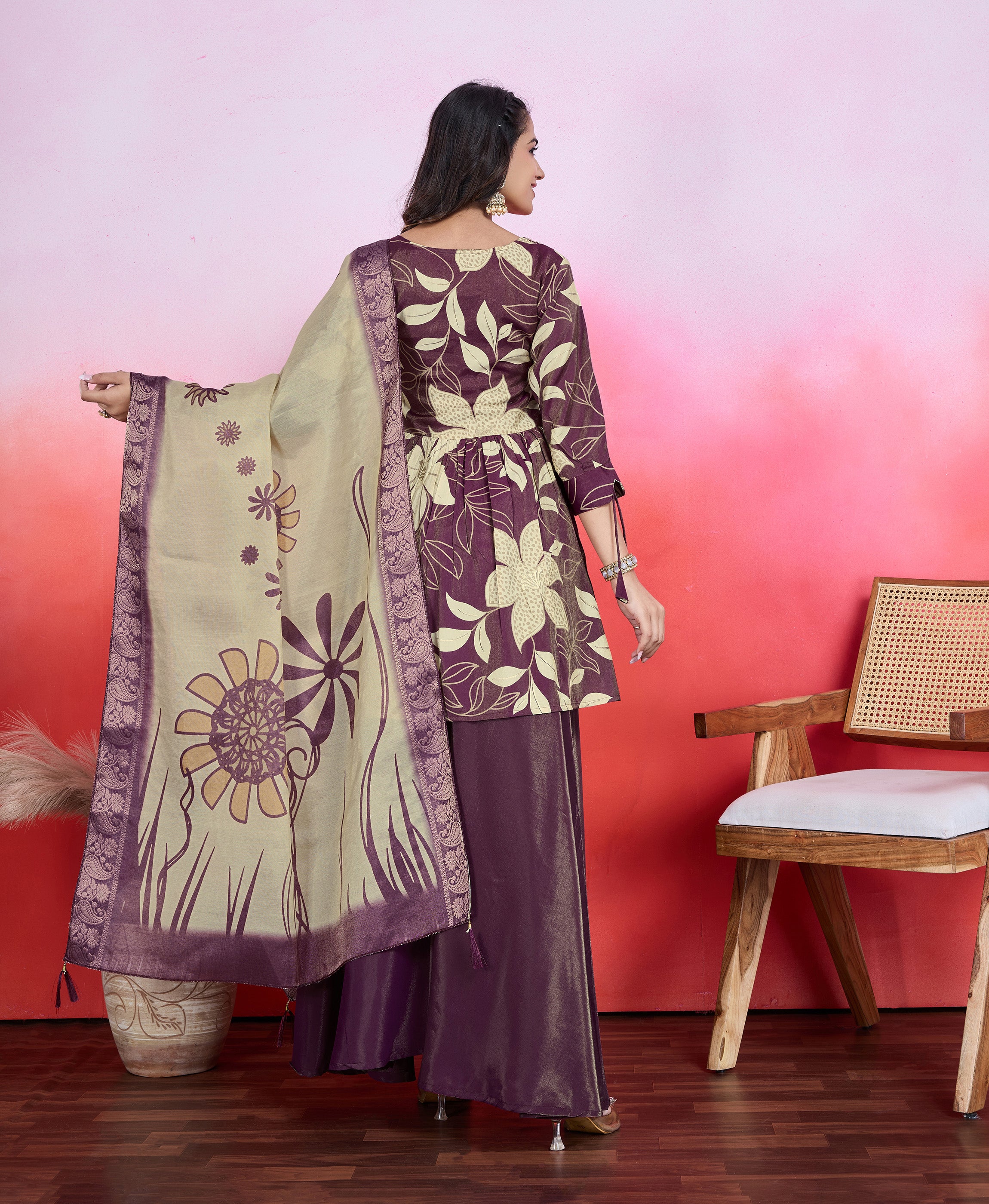 Her Couture Women's Maroon Shimmer Viscose Floral & Leaf Print Flared Kurta With Flared Palazzo & Printed Dupatta