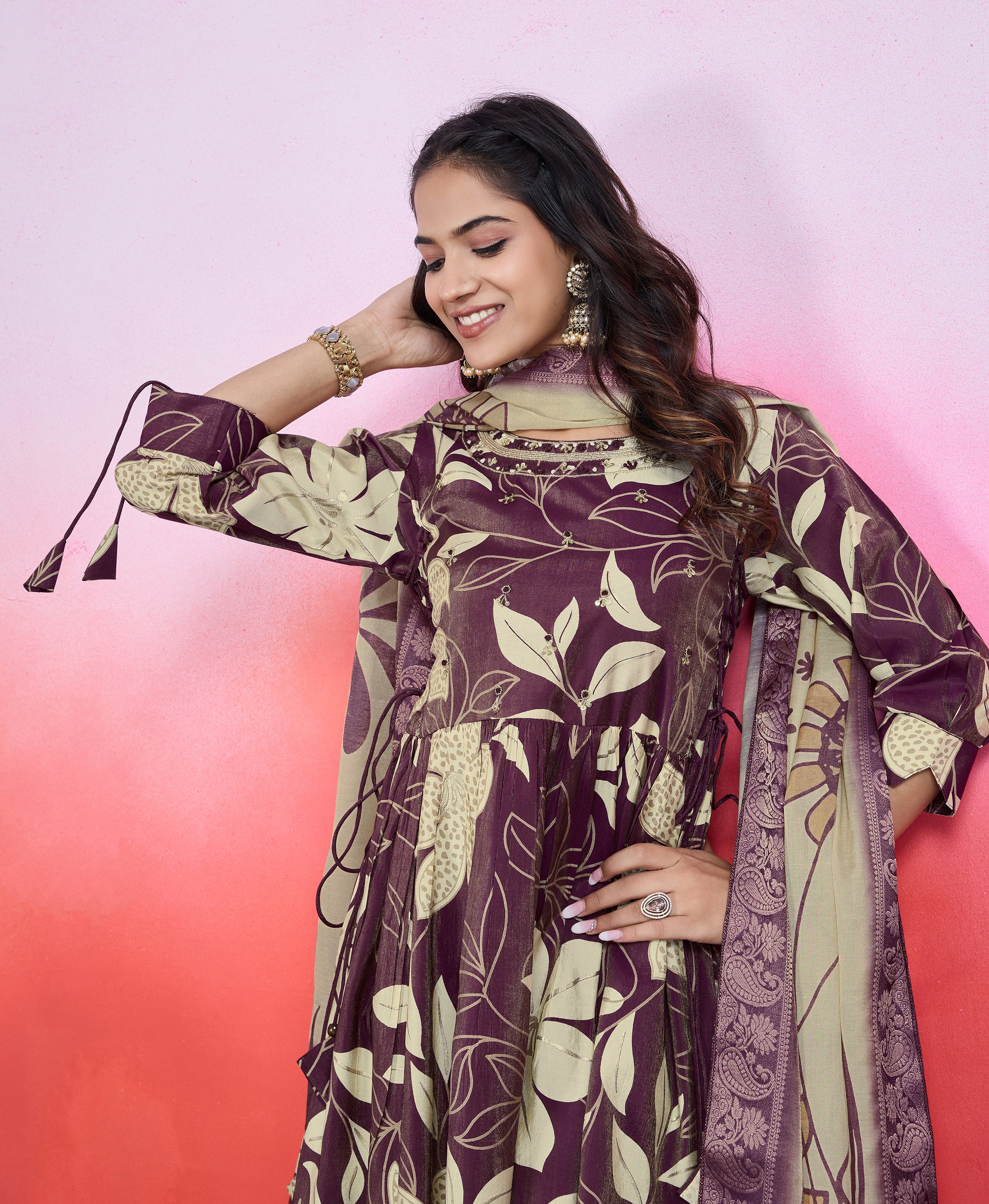 Her Couture Women's Maroon Shimmer Viscose Floral & Leaf Print Flared Kurta With Flared Palazzo & Printed Dupatta