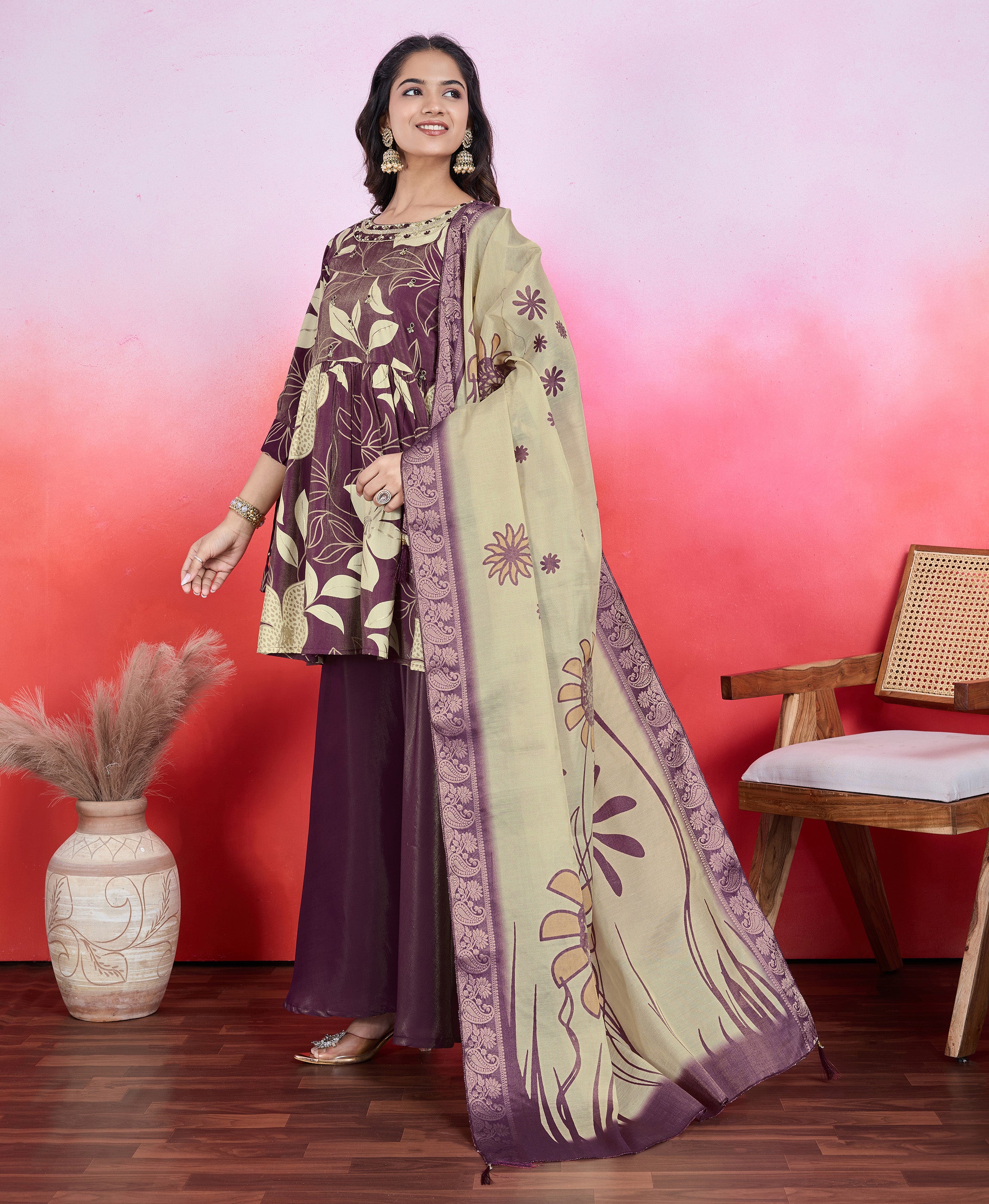 Her Couture Women's Maroon Shimmer Viscose Floral & Leaf Print Flared Kurta With Flared Palazzo & Printed Dupatta