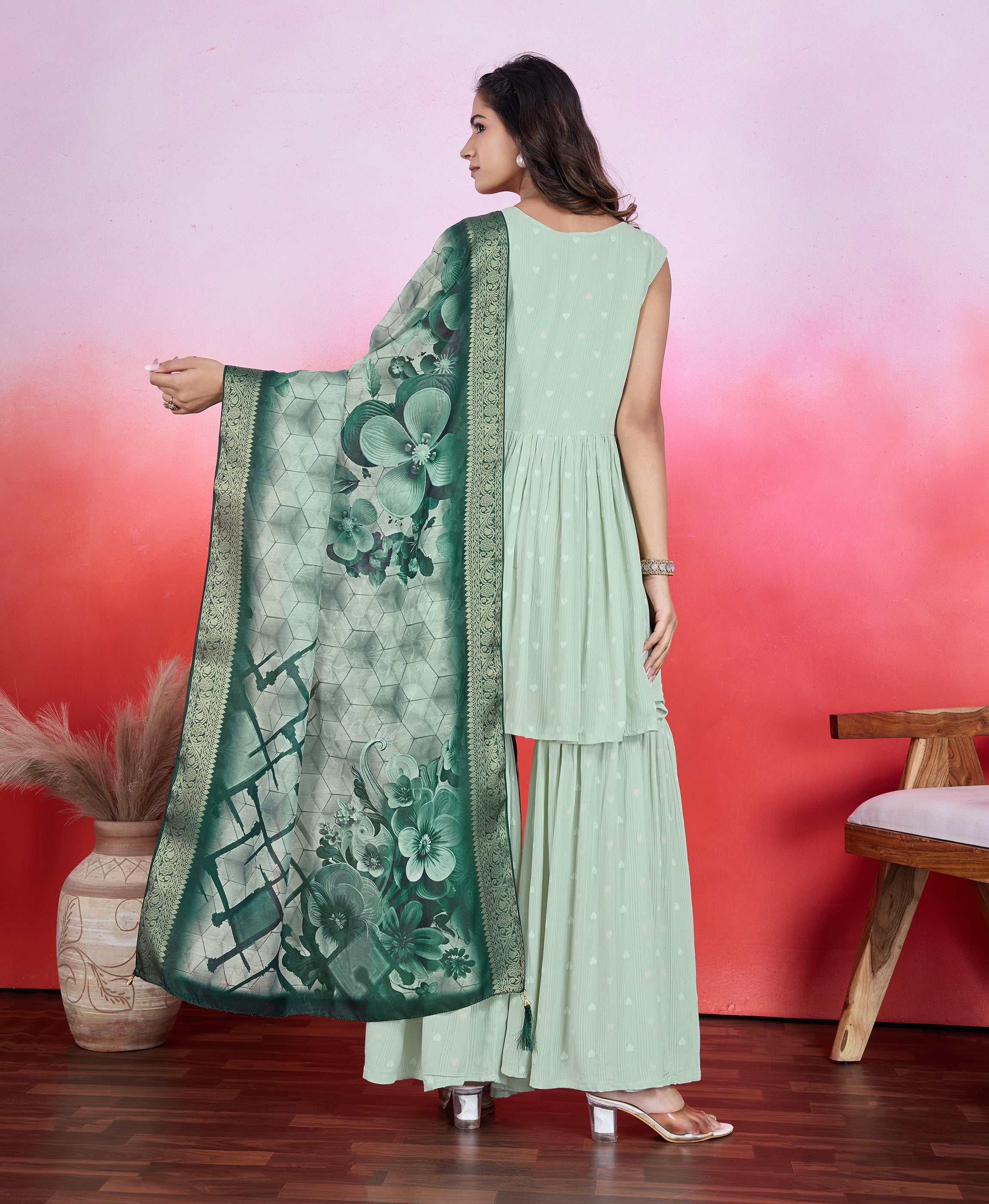 Her Couture Women's Light Green Chiffon Crepe Viscose Embroidered Flared Kurta With Sharara & Printed Dupatta