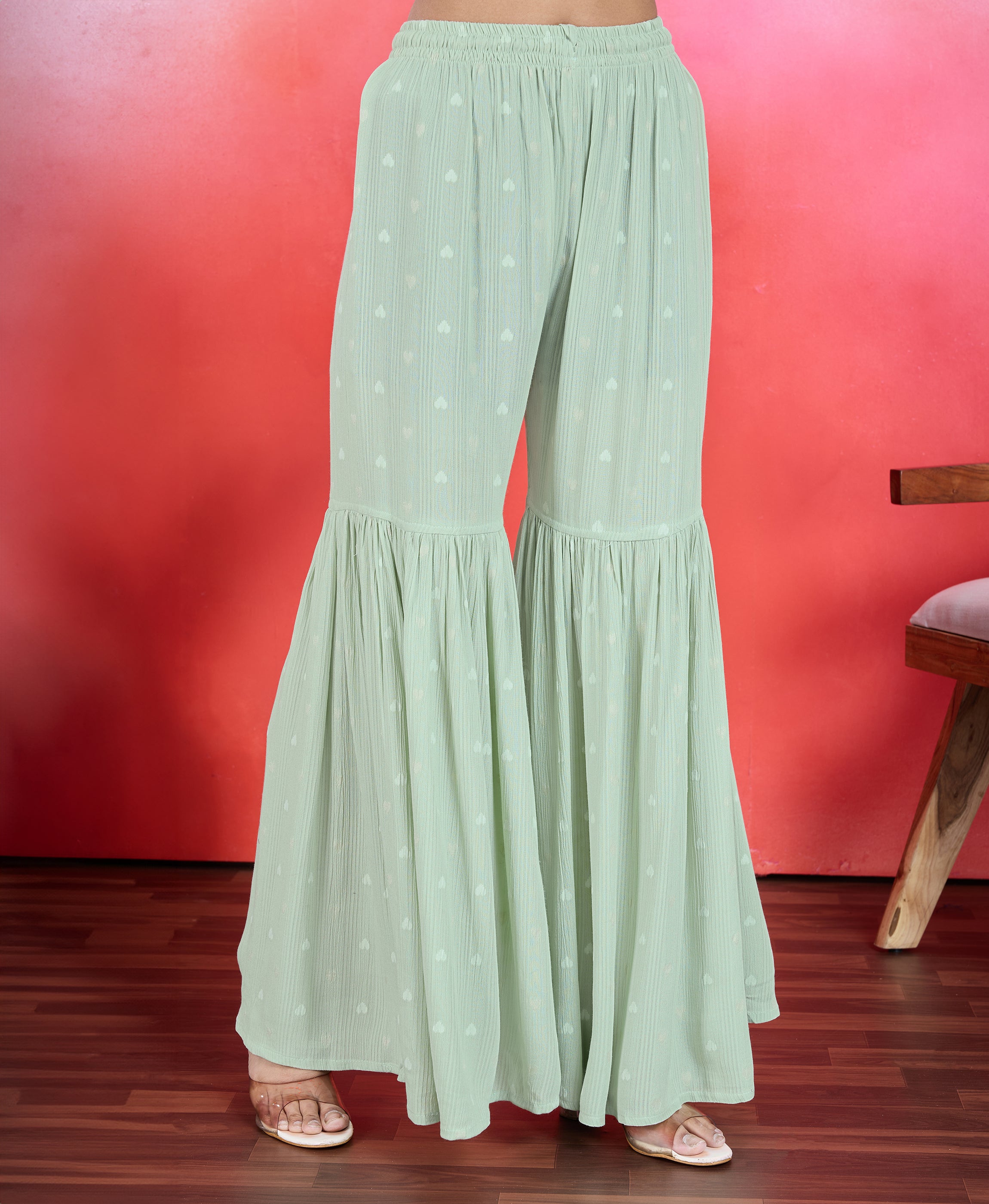 Her Couture Women's Light Green Chiffon Crepe Viscose Embroidered Flared Kurta With Sharara & Printed Dupatta