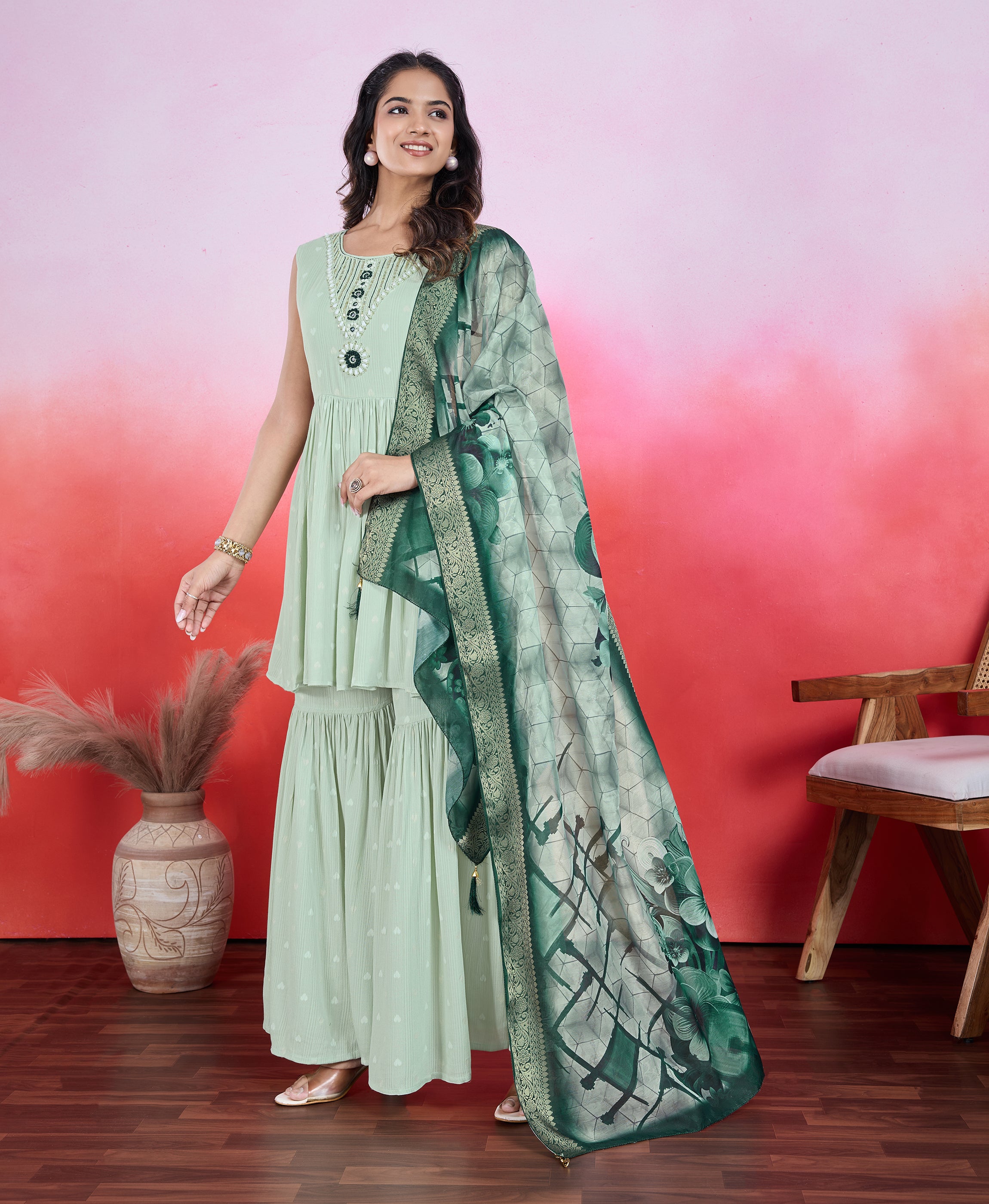 Her Couture Women's Light Green Chiffon Crepe Viscose Embroidered Flared Kurta With Sharara & Printed Dupatta