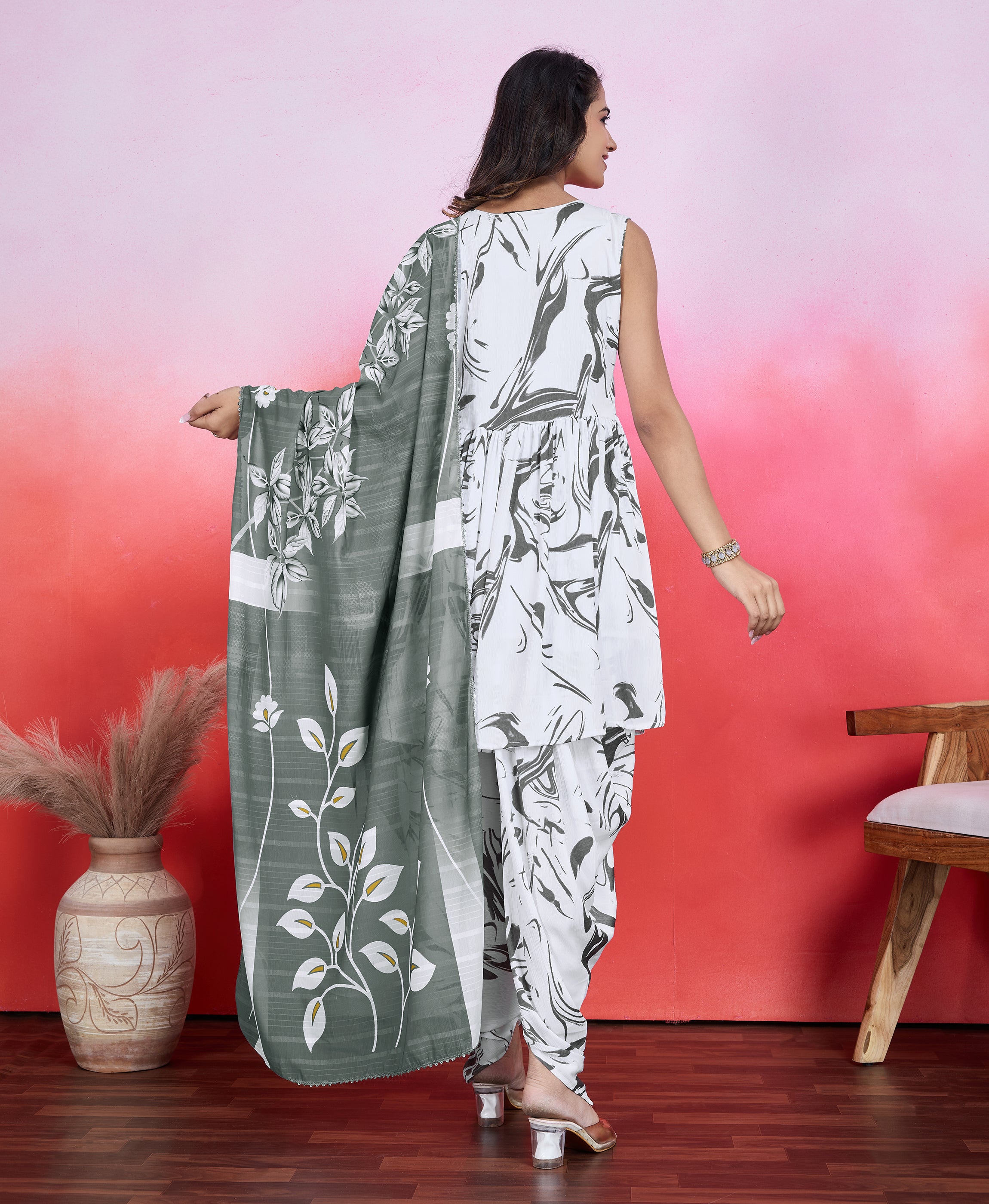 Her Couture Women's White Chiffon Crepe Geometric Flared Kurta With Tulip Pant & Printed Dupatta