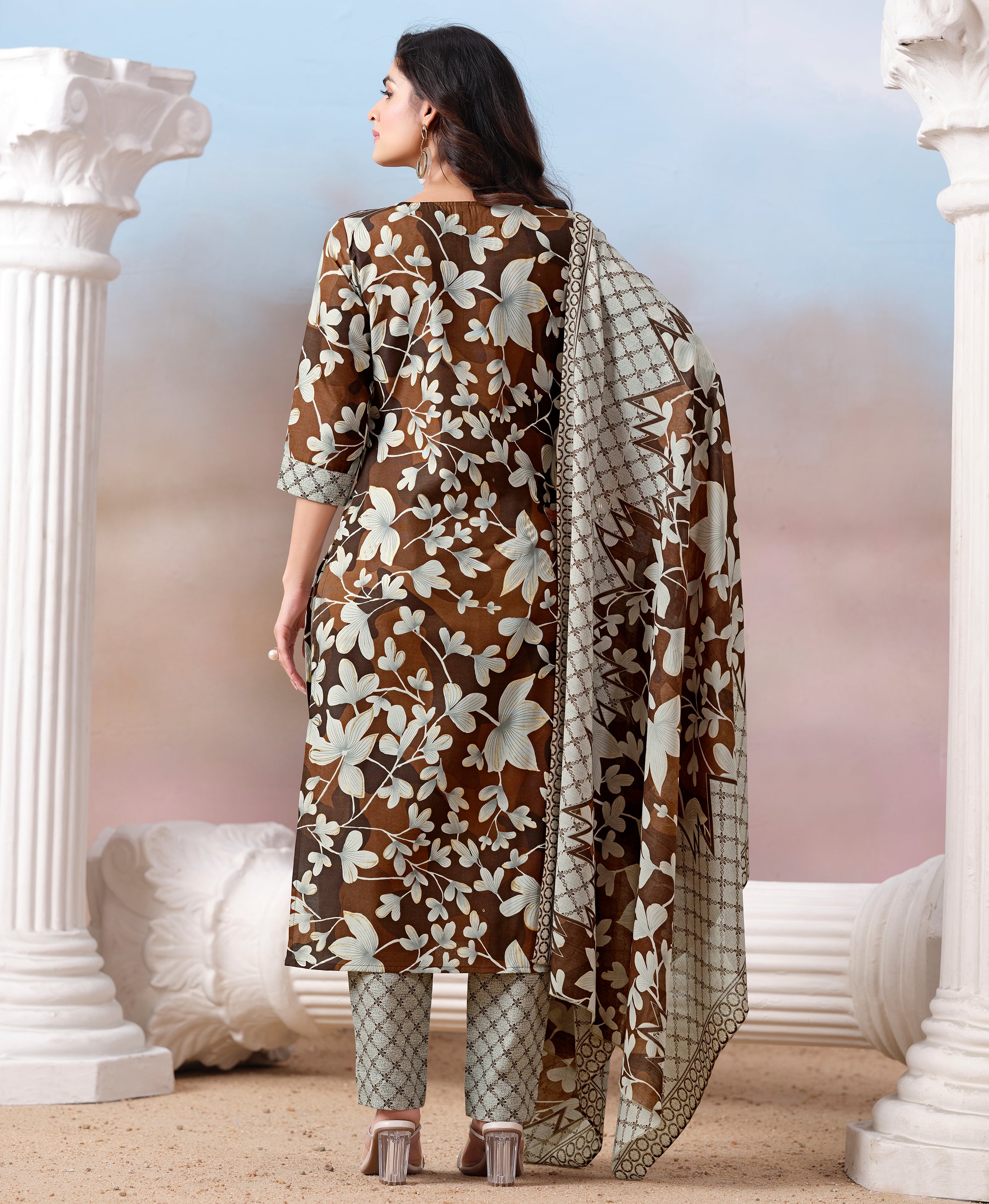 Her Couture Women's Brown Cotton Floral & Leaf Print Straight Kurta With Pant & Printed Dupatta