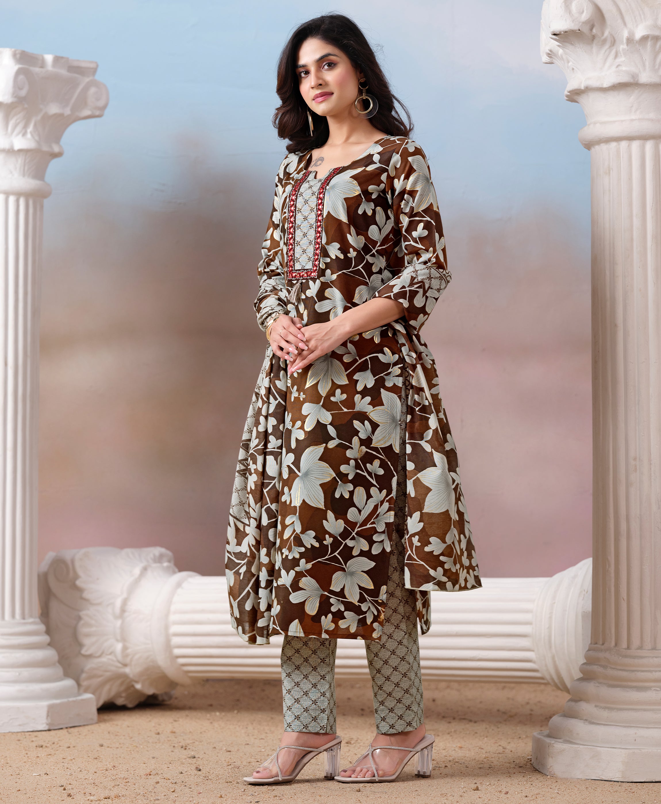 Her Couture Women's Brown Cotton Floral & Leaf Print Straight Kurta With Pant & Printed Dupatta