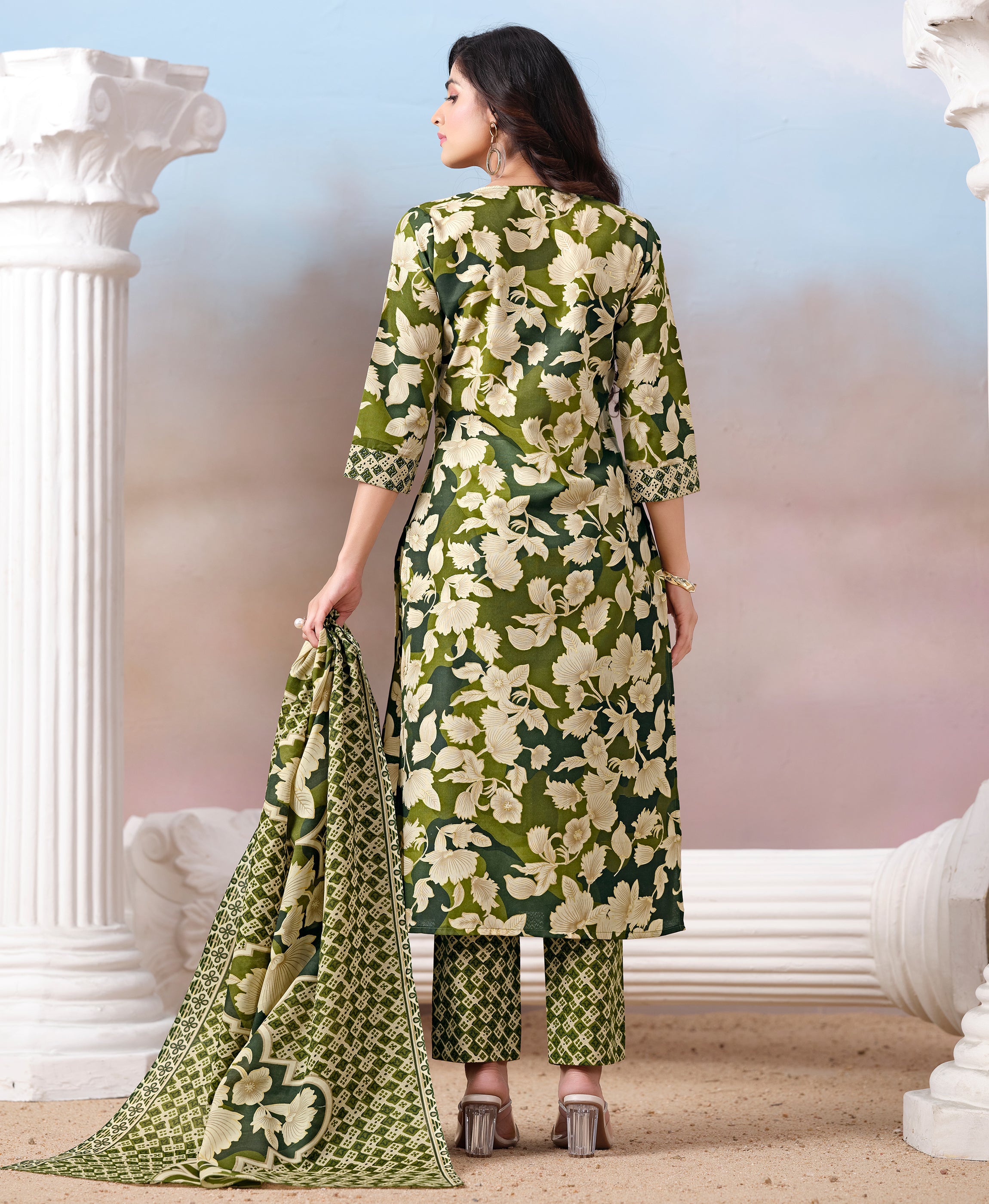 Her Couture Women's Green Cotton Floral & Leaf Print Straight Kurta With Pant & Printed Dupatta