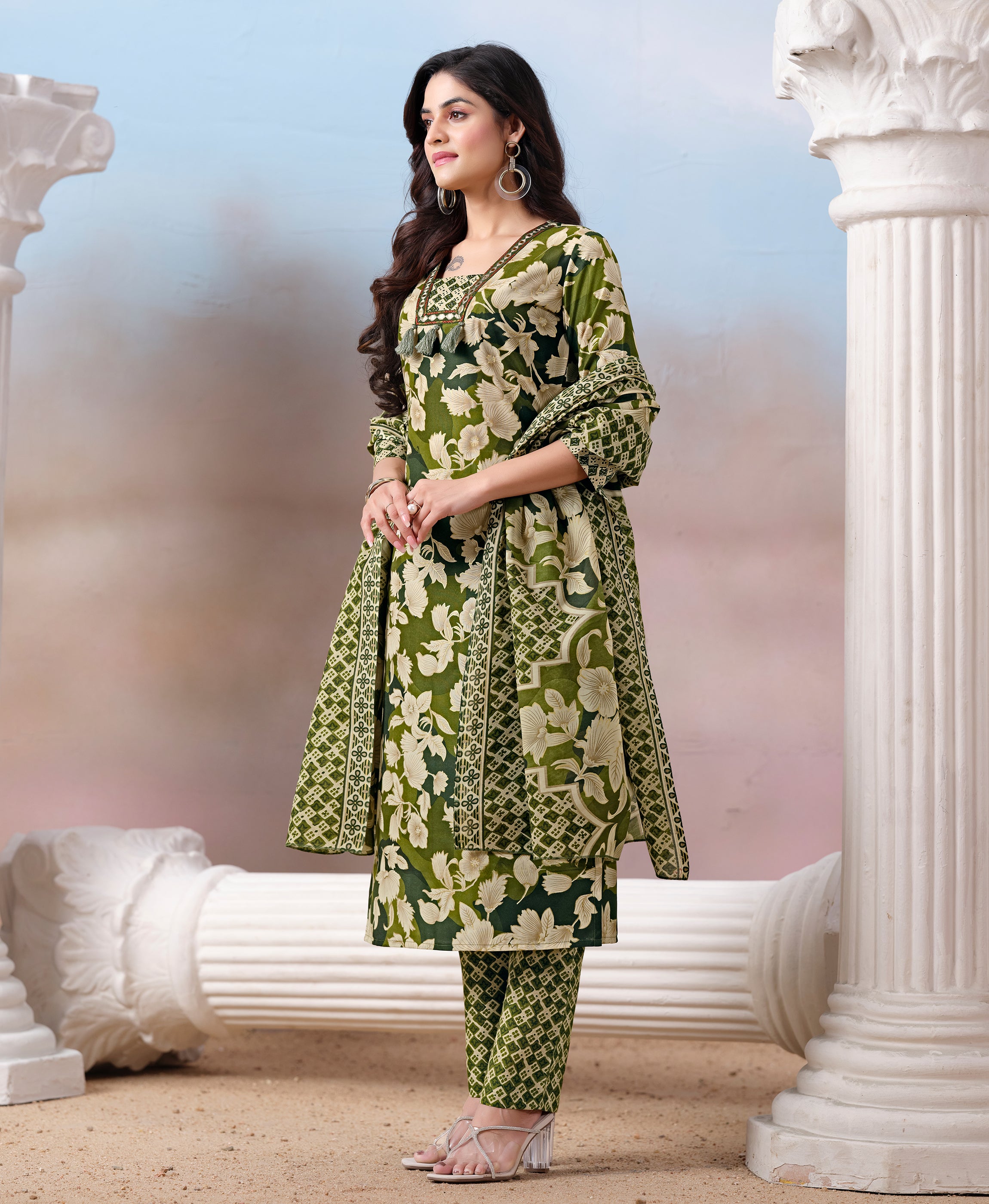 Her Couture Women's Green Cotton Floral & Leaf Print Straight Kurta With Pant & Printed Dupatta