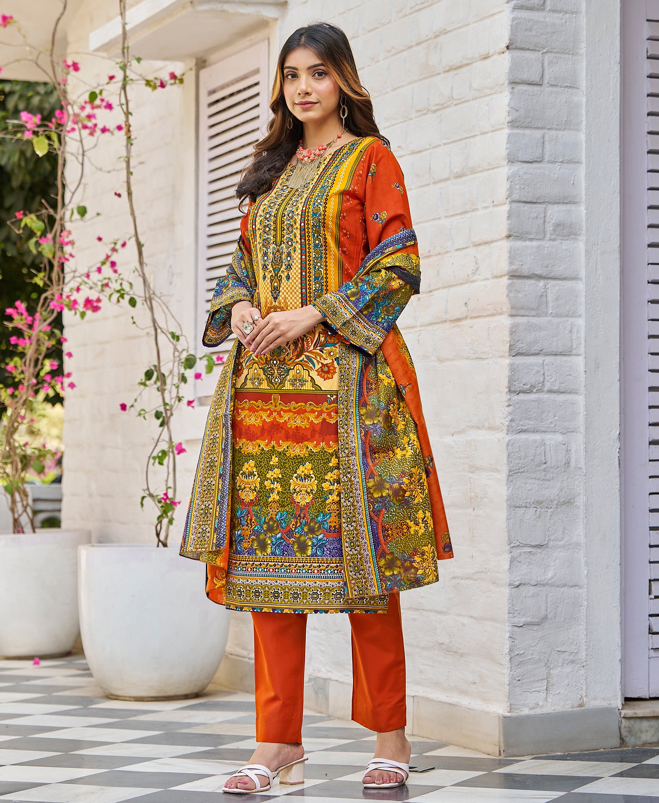 Her Couture Women's Multicolor Cotton Blend Floral & Leaf Print Pakistani Style Kurta With Pant & Printed Dupatta