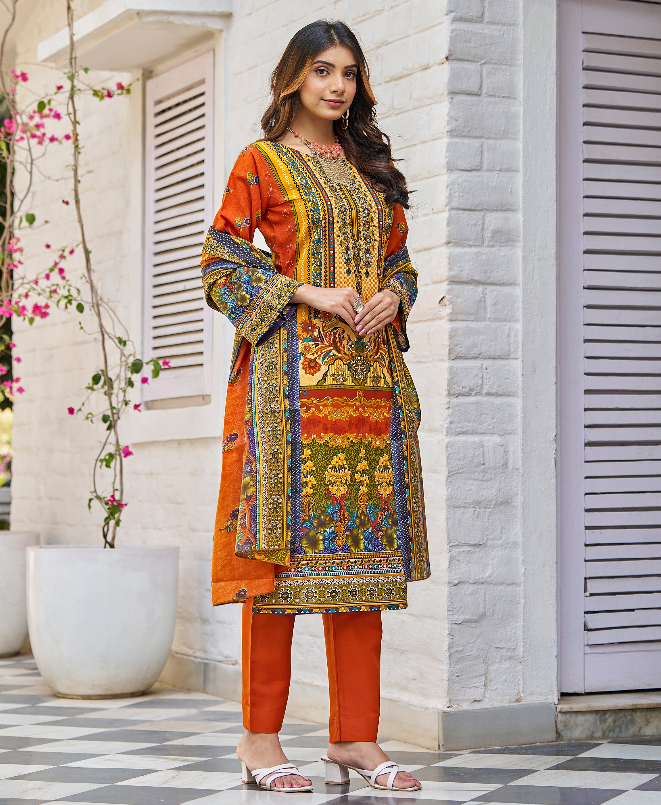 Her Couture Women's Multicolor Cotton Blend Floral & Leaf Print Pakistani Style Kurta With Pant & Printed Dupatta