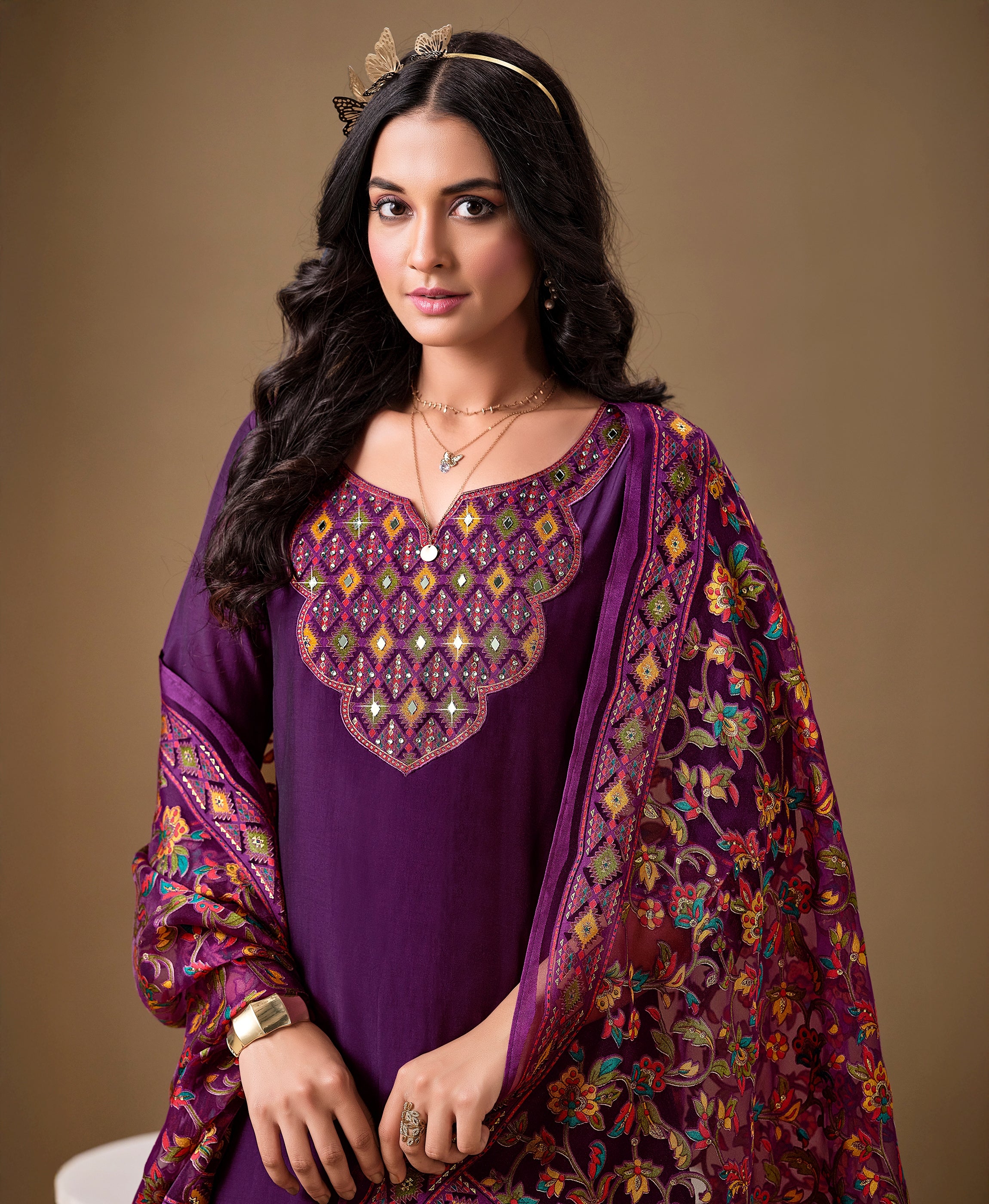 Her Couture Women's Purple Viscose Blend Brasso Geometric Printed Gold Foil Straight Kurta With Pant & Printed Dupatta