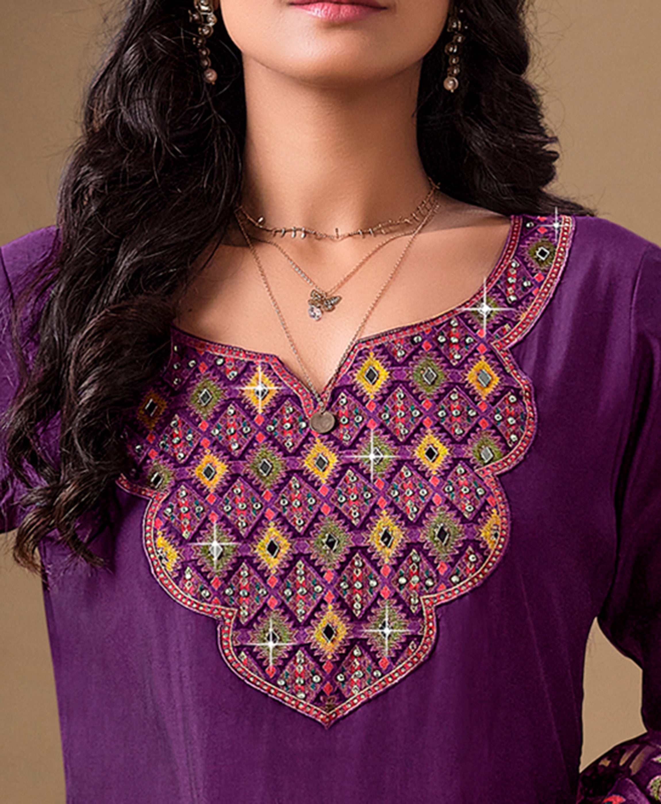Her Couture Women's Purple Viscose Blend Brasso Geometric Printed Gold Foil Straight Kurta With Pant & Printed Dupatta