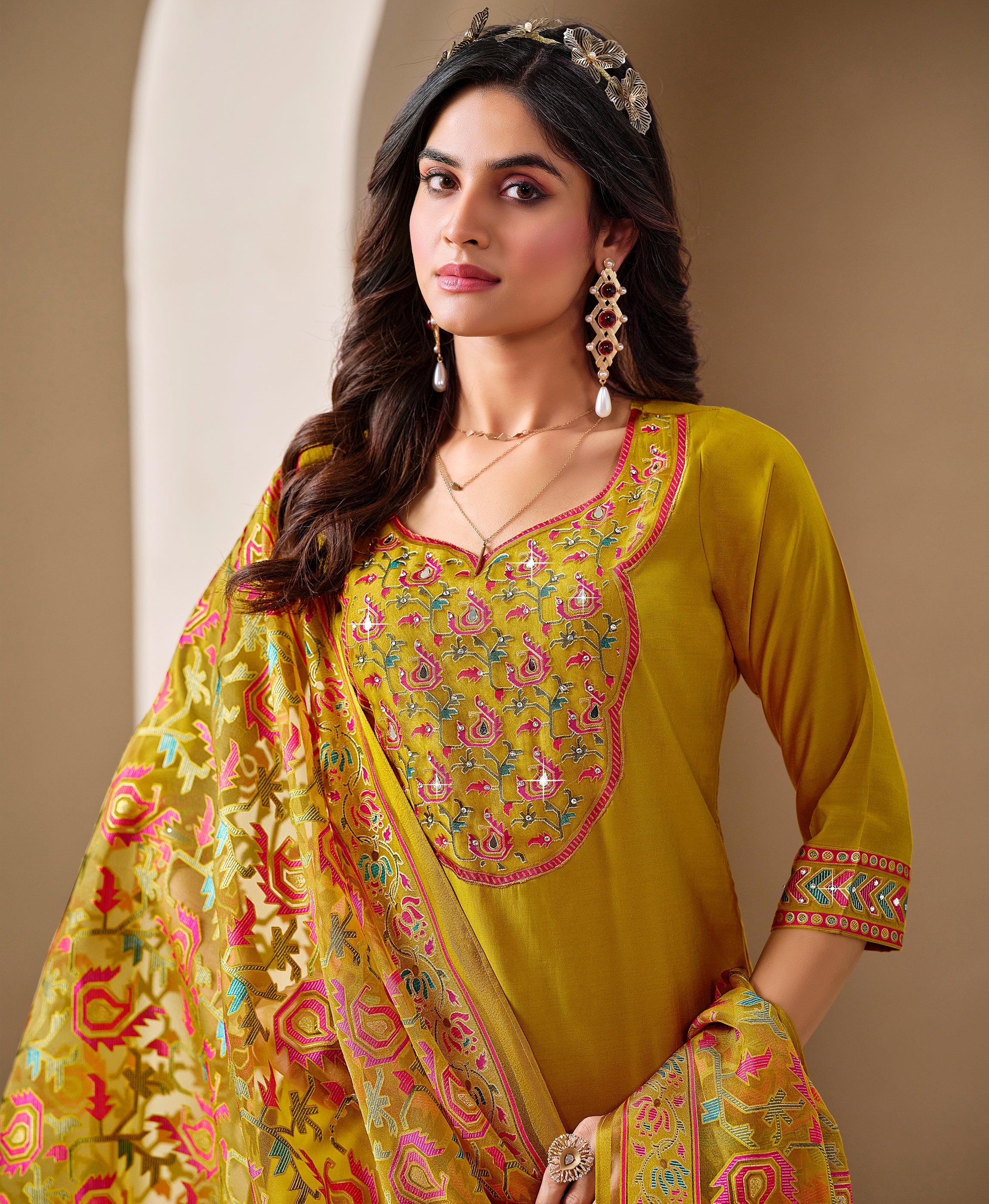 Her Couture Women's Yellow Viscose Blend Brasso Geometric Printed Gold Foil Straight Kurta With Pant & Printed Dupatta
