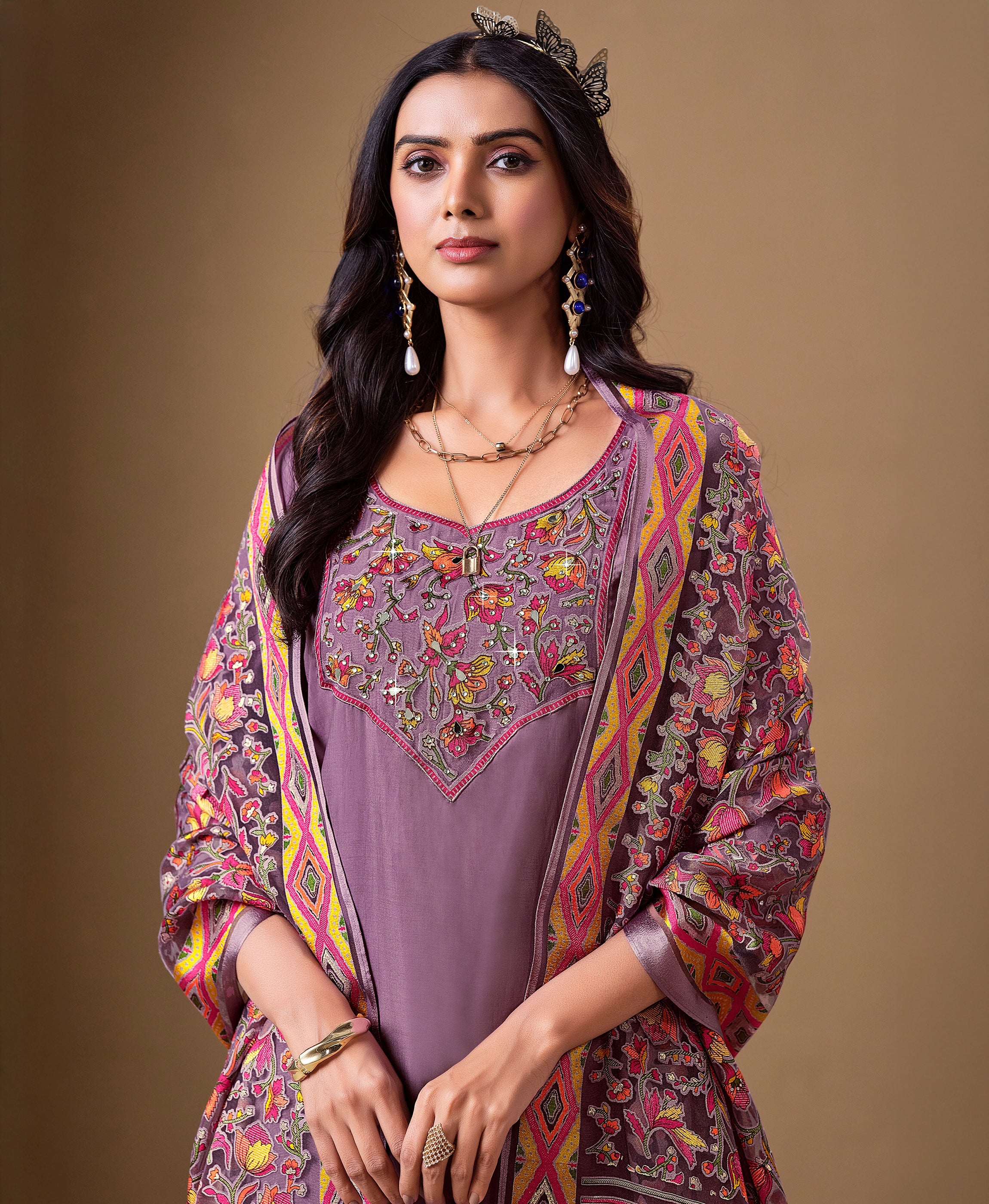 Her Couture Women's Lavender Viscose Blend Brasso Floral & Leaf Printed Gold Foil Straight Kurta With Pant & Printed Dupatta