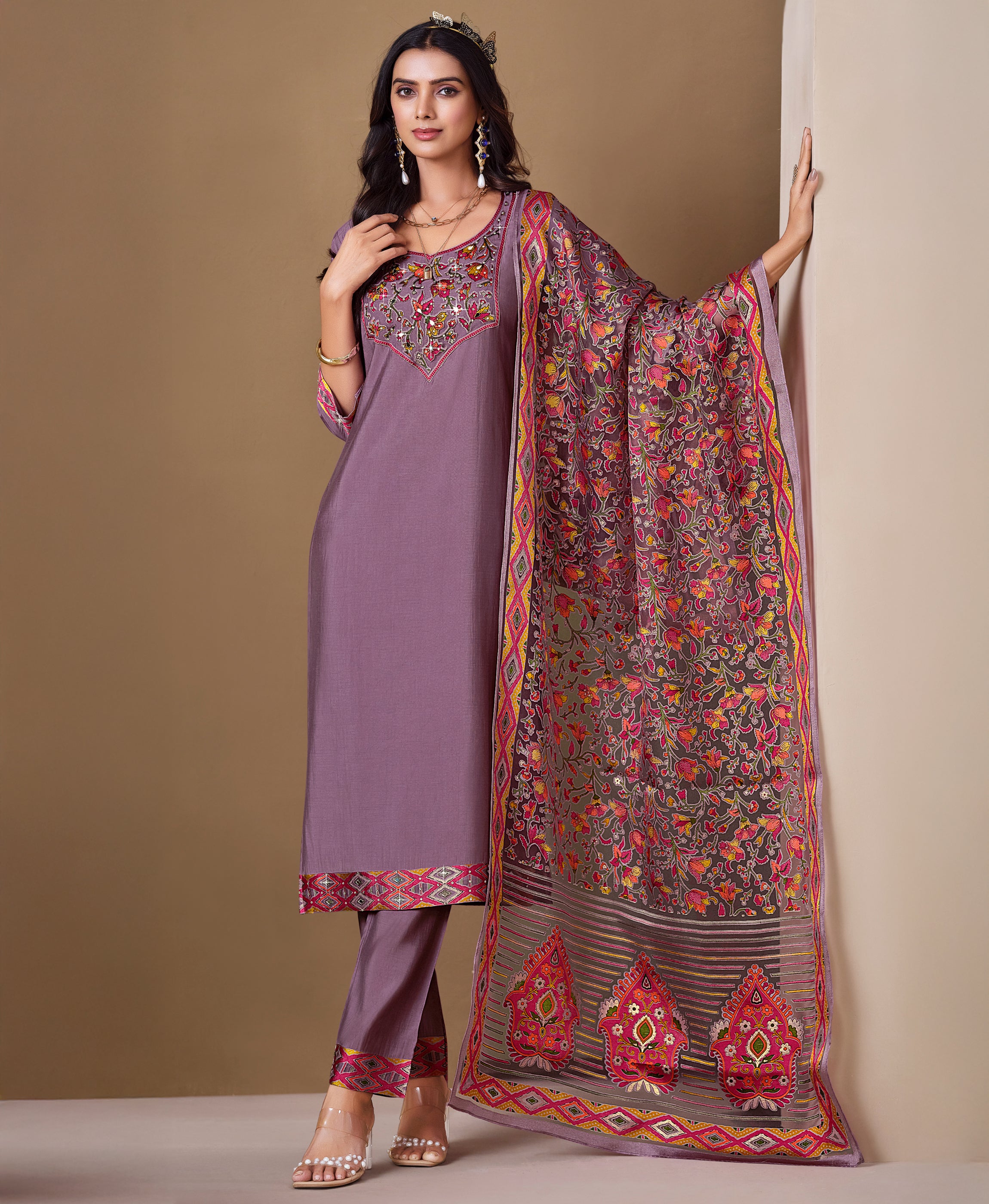 Her Couture Women's Lavender Viscose Blend Brasso Floral & Leaf Printed Gold Foil Straight Kurta With Pant & Printed Dupatta