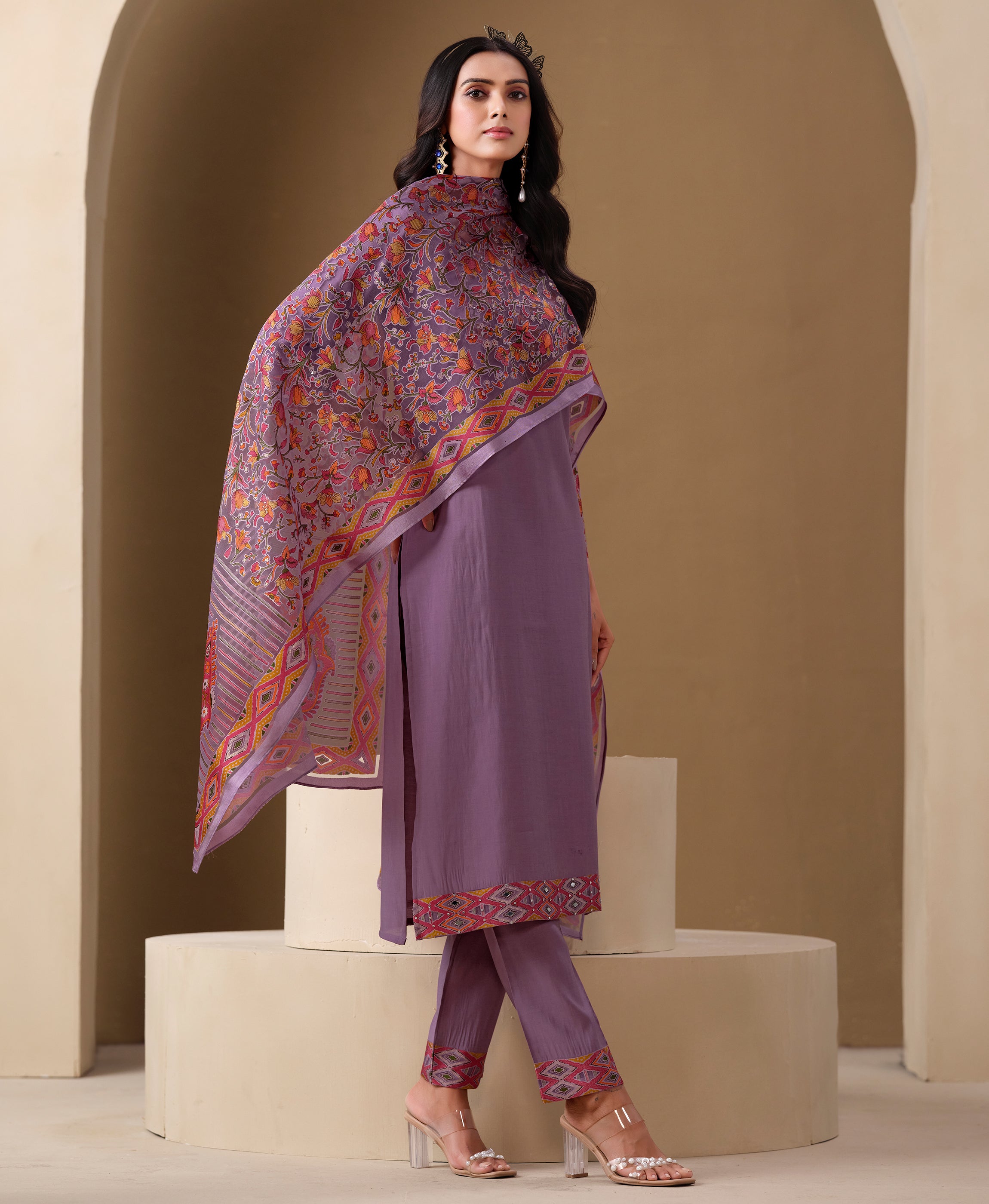 Her Couture Women's Lavender Viscose Blend Brasso Floral & Leaf Printed Gold Foil Straight Kurta With Pant & Printed Dupatta