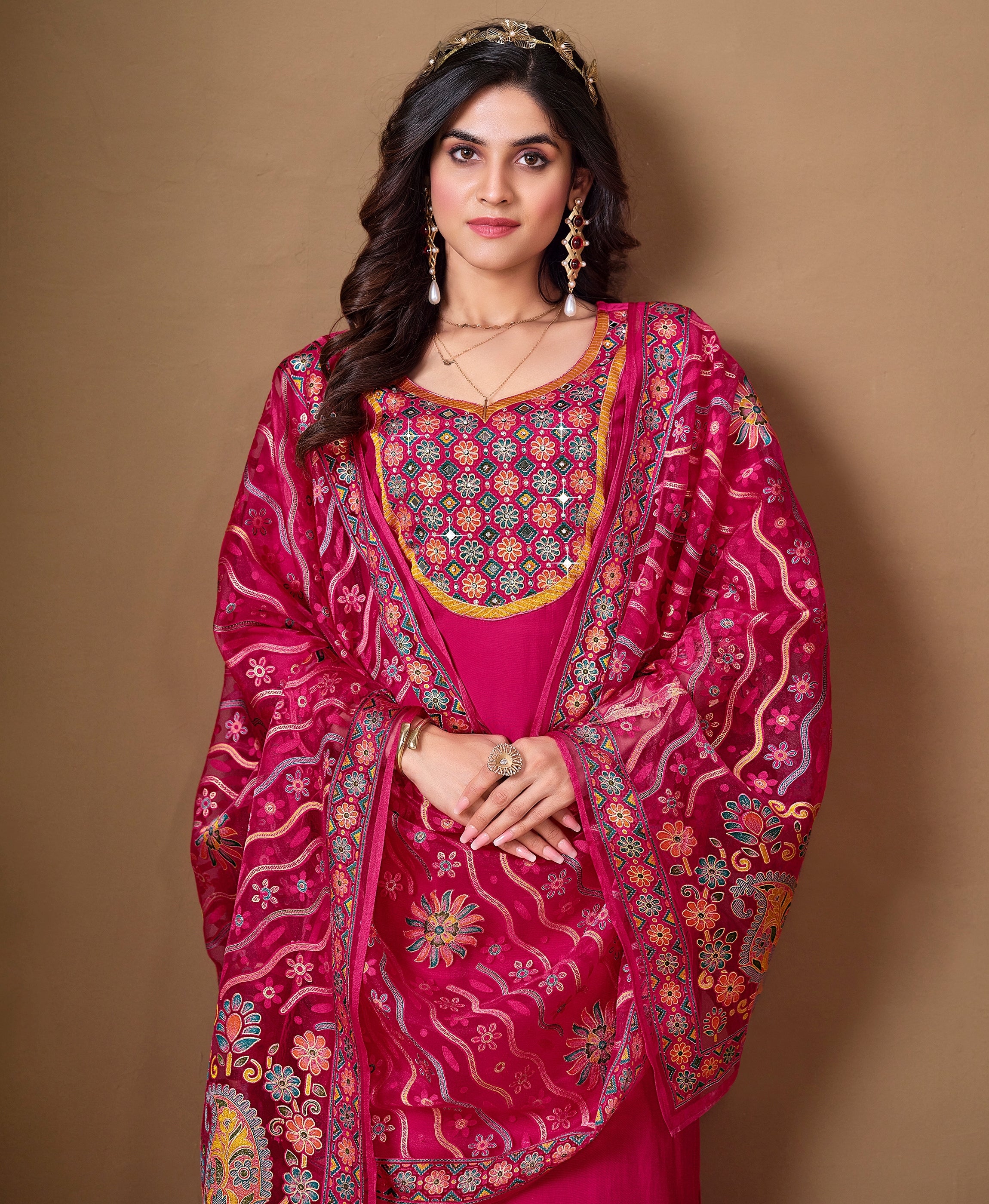 Her Couture Women's Pink Viscose Blend Brasso Floral & Leaf Printed Gold Foil Straight Kurta With Pant & Printed Dupatta