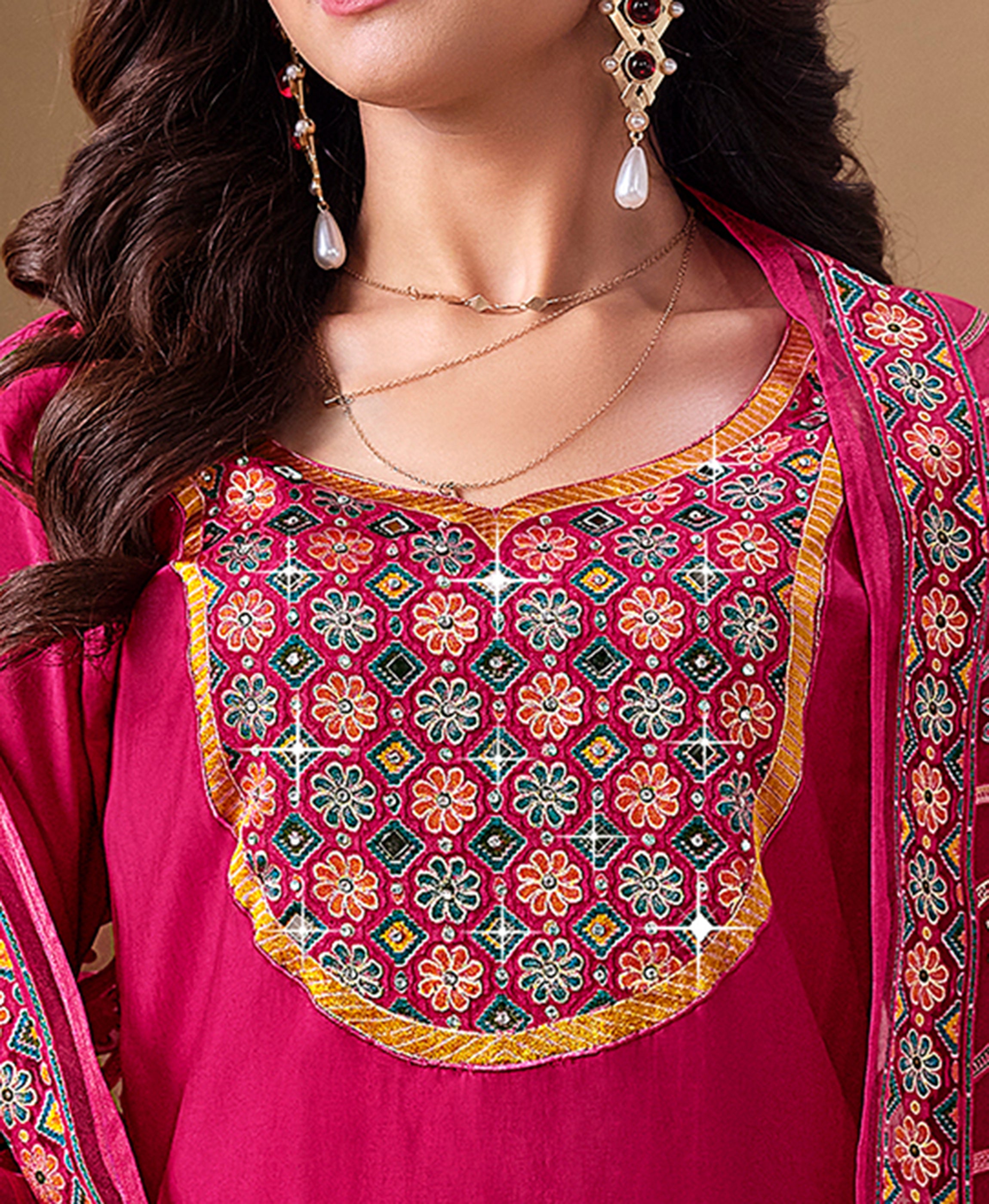 Her Couture Women's Pink Viscose Blend Brasso Floral & Leaf Printed Gold Foil Straight Kurta With Pant & Printed Dupatta
