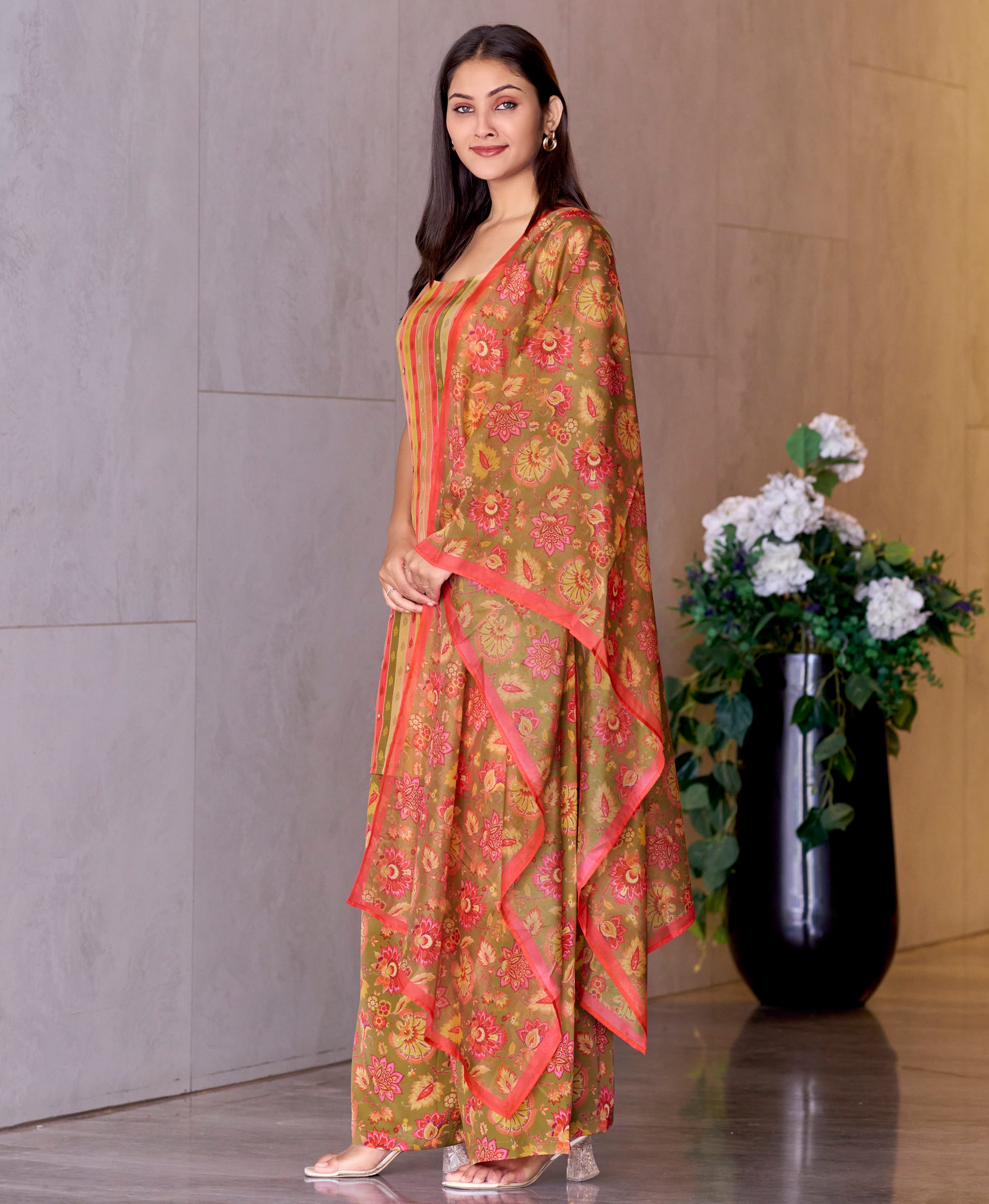 Her Couture Women's Peach Crepe Printed Vertical Stripes Printed Straight Kurta With Flared Palazzo & Printed Dupatta