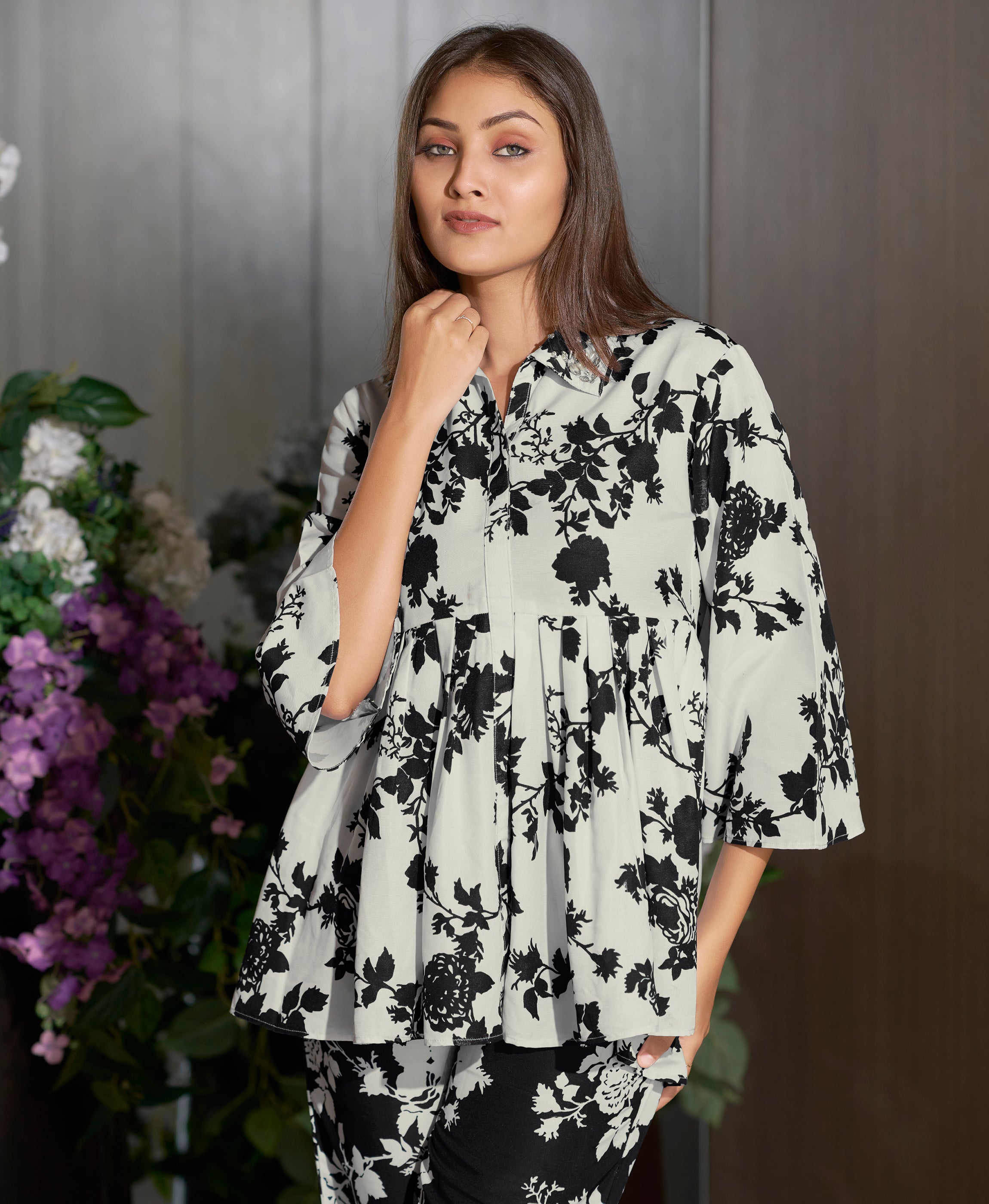 Her Couture Women's White Rayon Floral & Leaf Printed Causal Co-ord Set