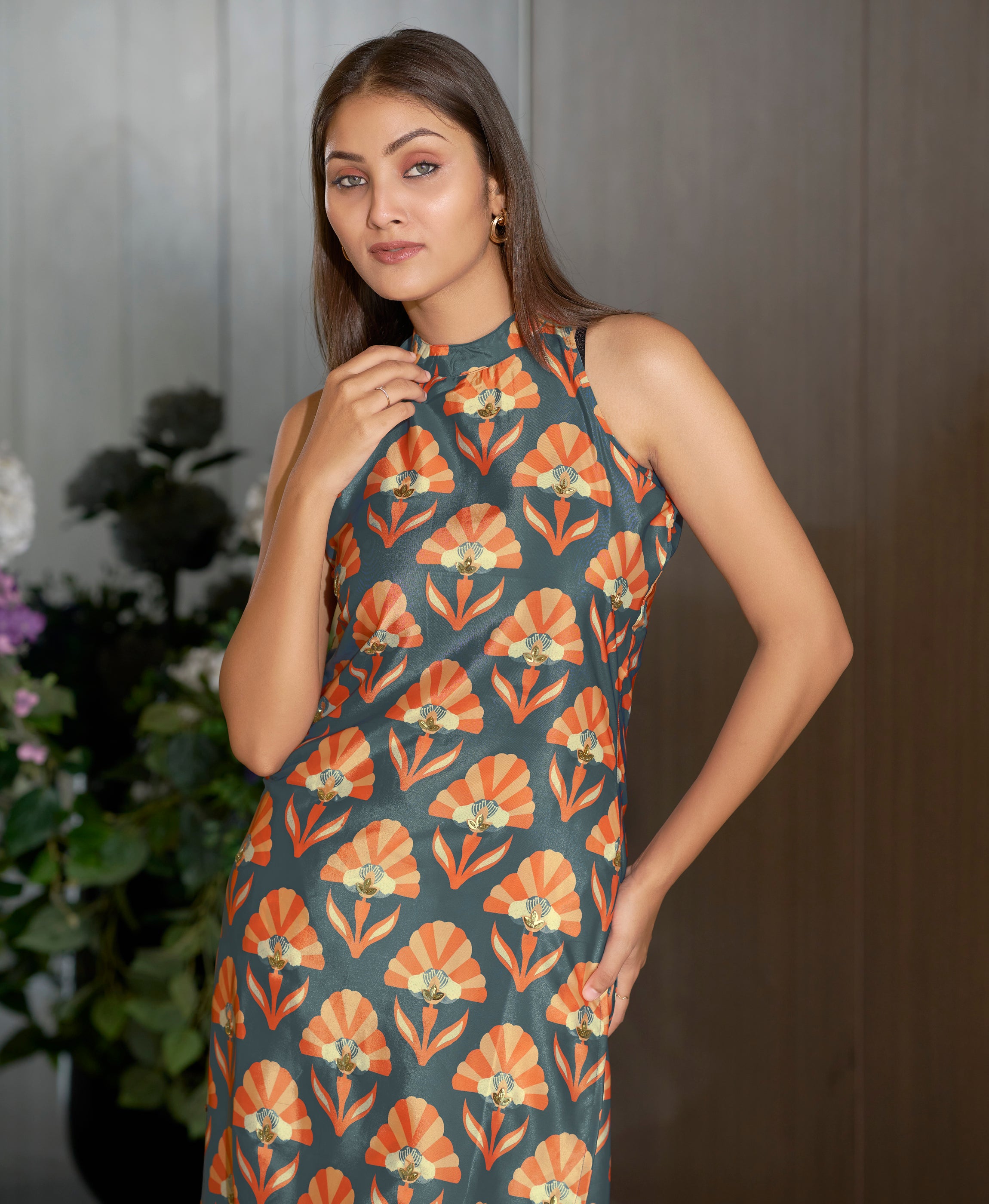 Her Couture Women's Grey Crepe Geometric Printed Party Co-ord Set