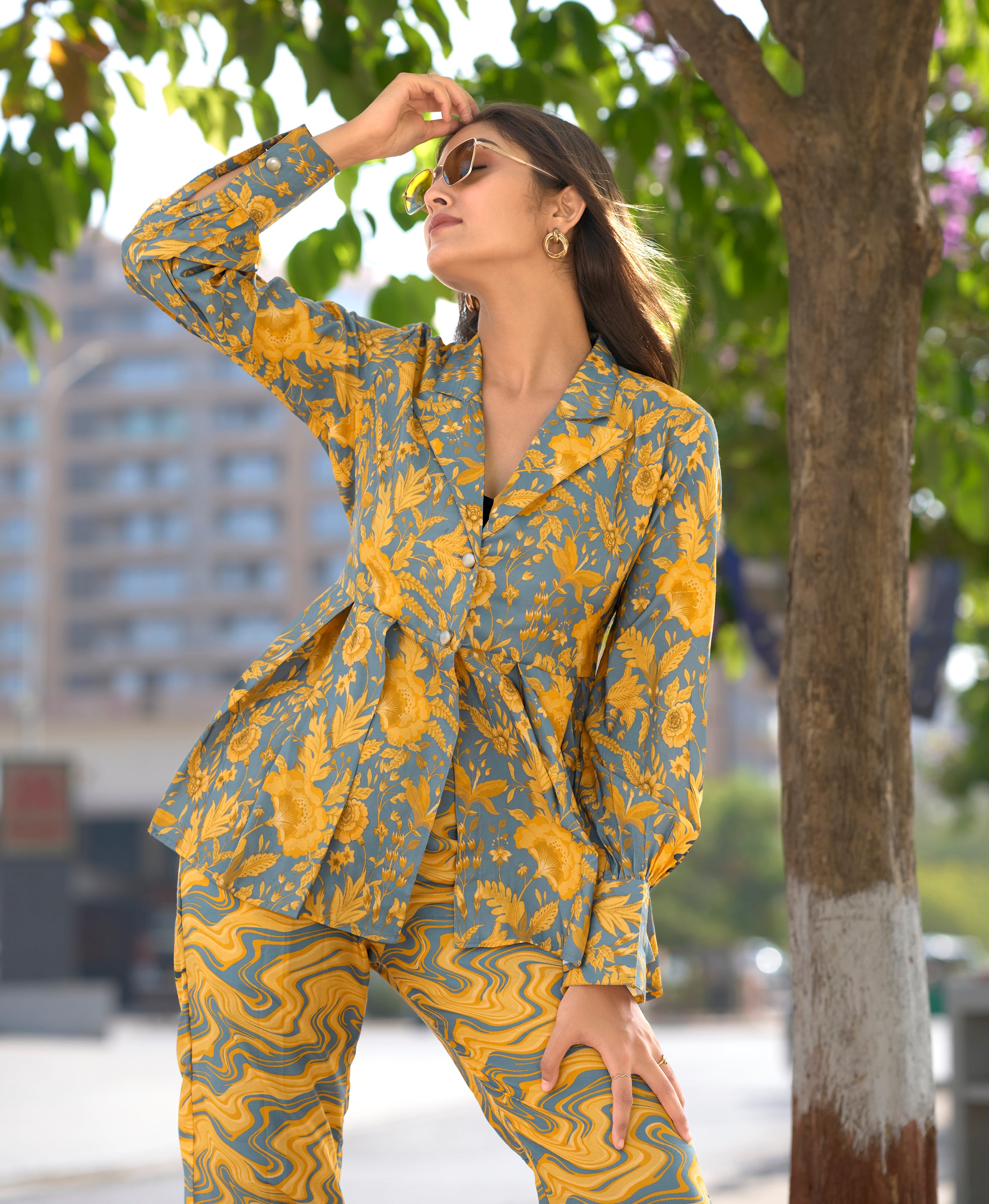 Her Couture Women's Yellow Crepe Floral & Leaf Printed Party Co-ord Set