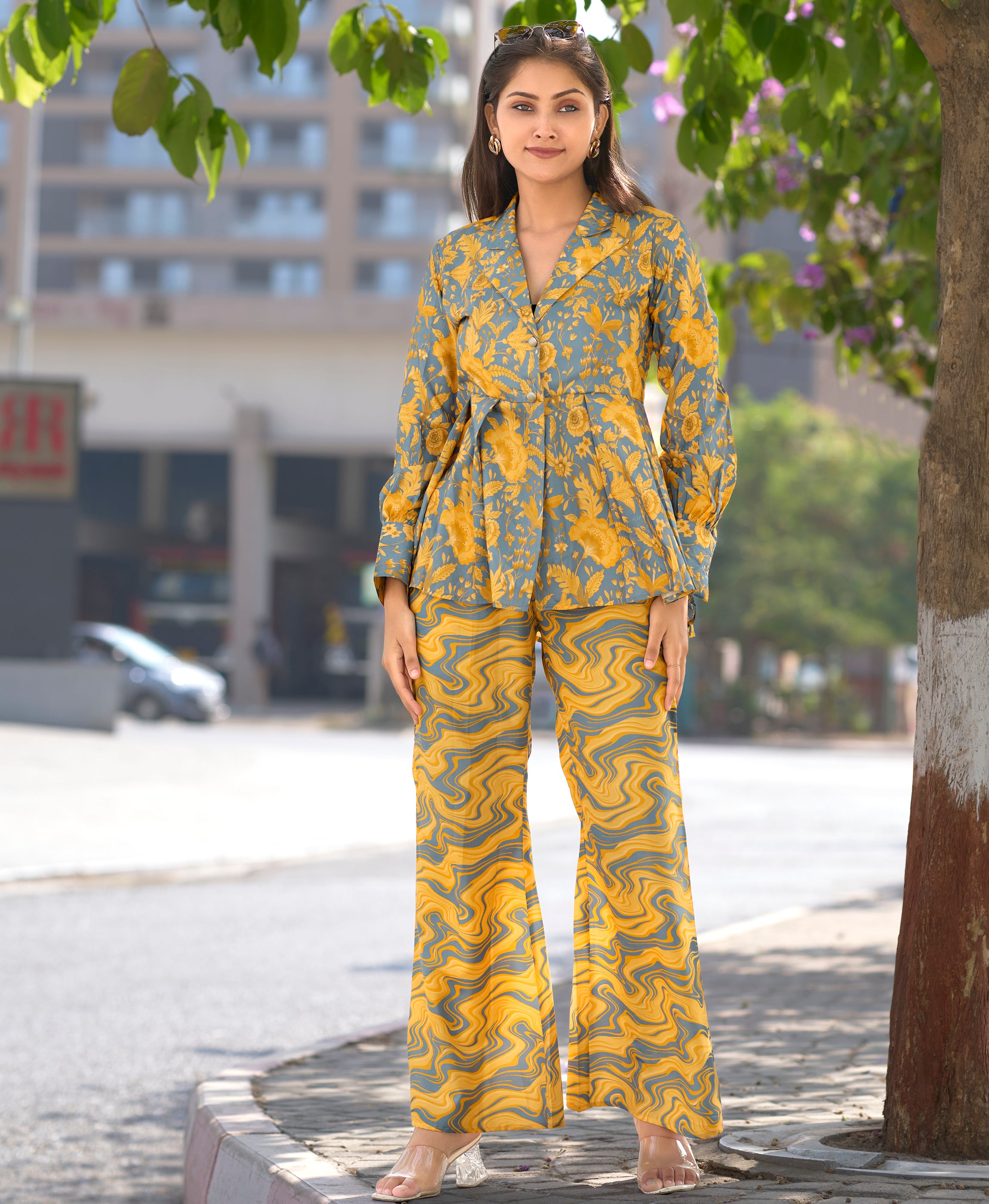 Her Couture Women's Yellow Crepe Floral & Leaf Printed Party Co-ord Set