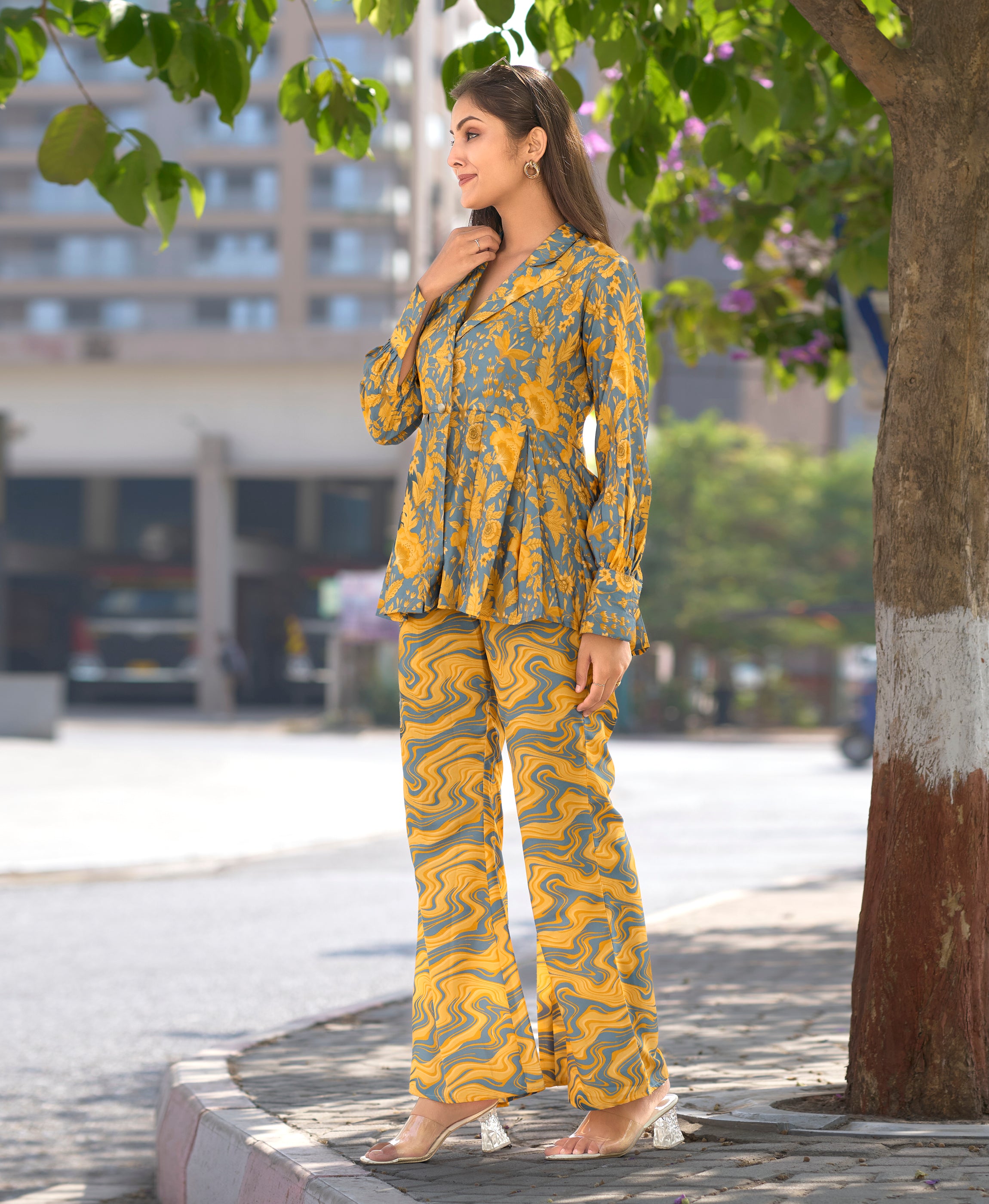 Her Couture Women's Yellow Crepe Floral & Leaf Printed Party Co-ord Set
