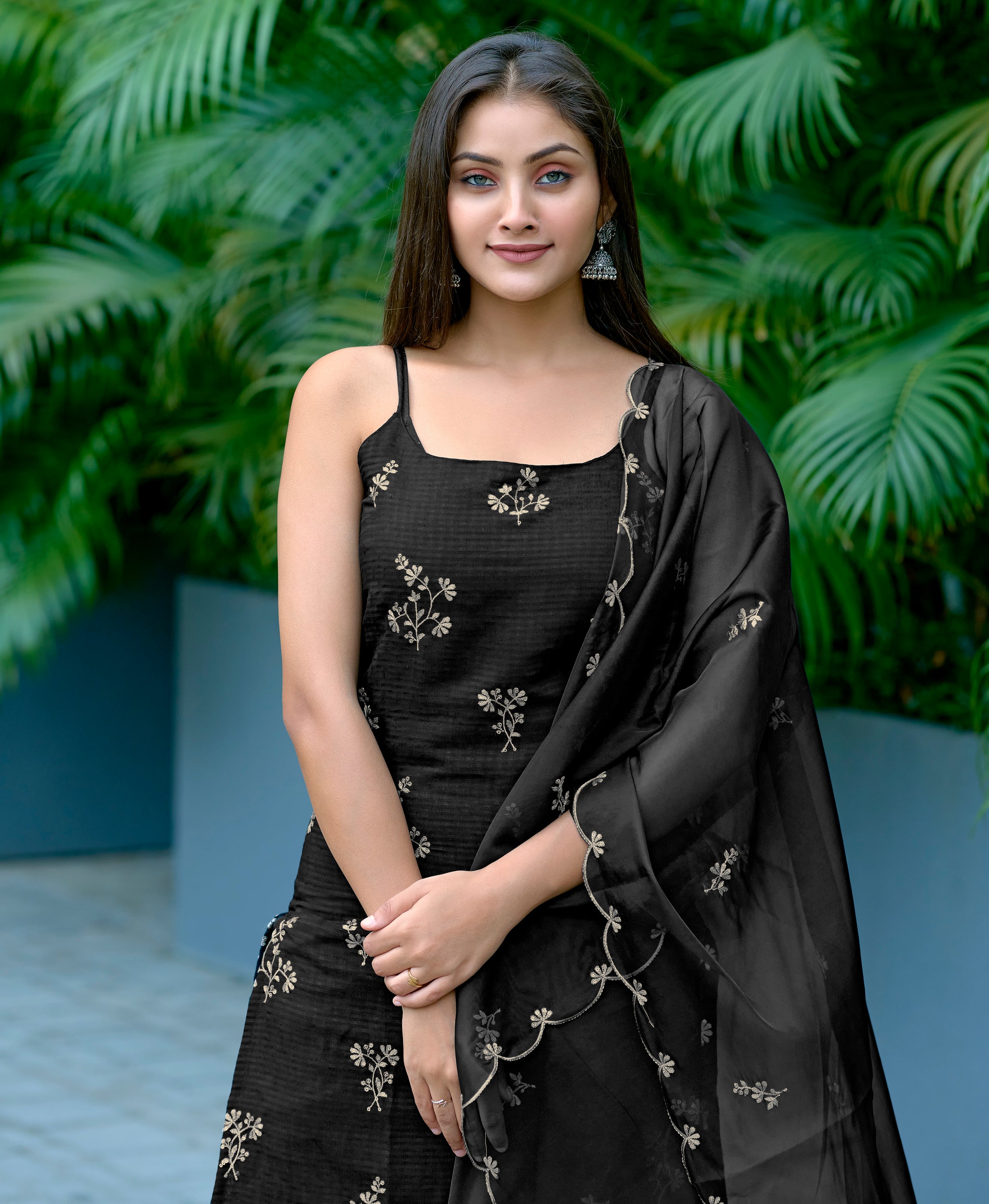 Her Couture Women's Black Viscose Summer Checks Floral Embroidered Straight Kurta With Gharara & Printed Dupatta
