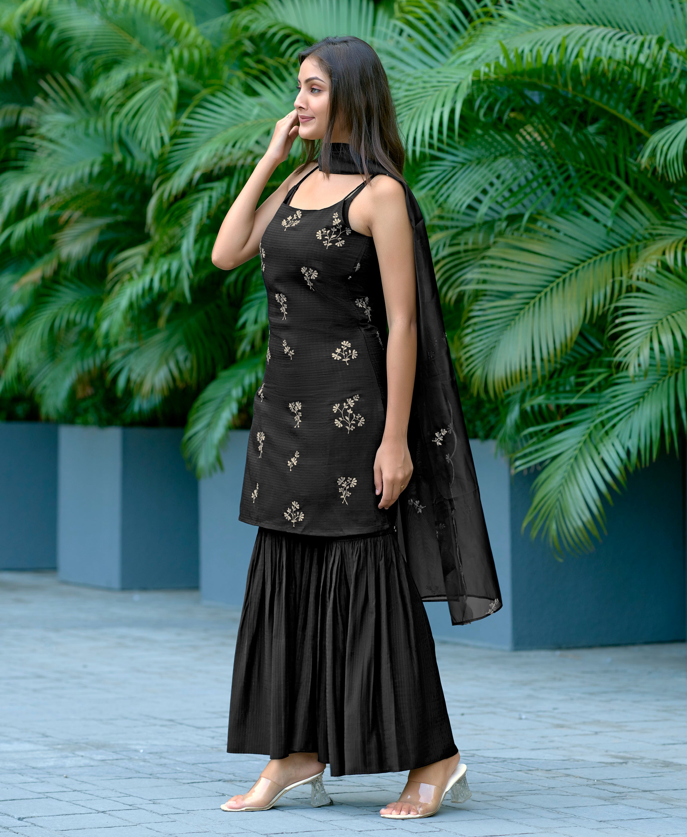 Her Couture Women's Black Viscose Summer Checks Floral Embroidered Straight Kurta With Gharara & Printed Dupatta