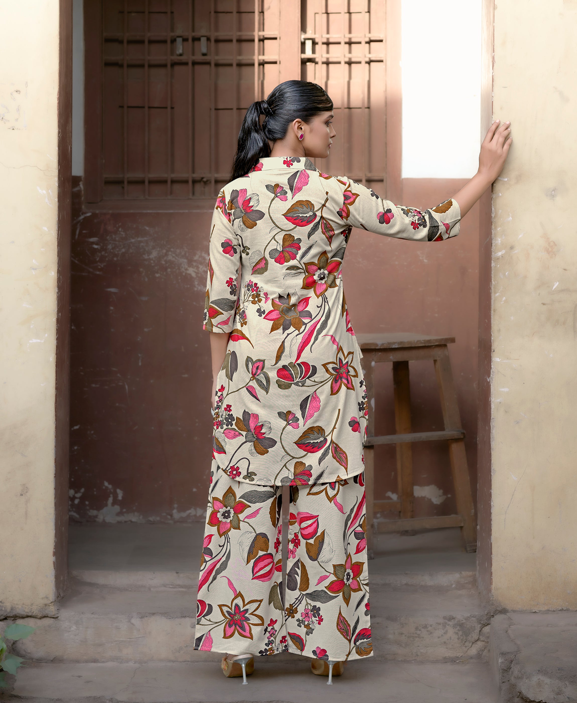 Her Couture Women's Cream Khadi Cotton Printed Floral Printed Party Co-ord Set