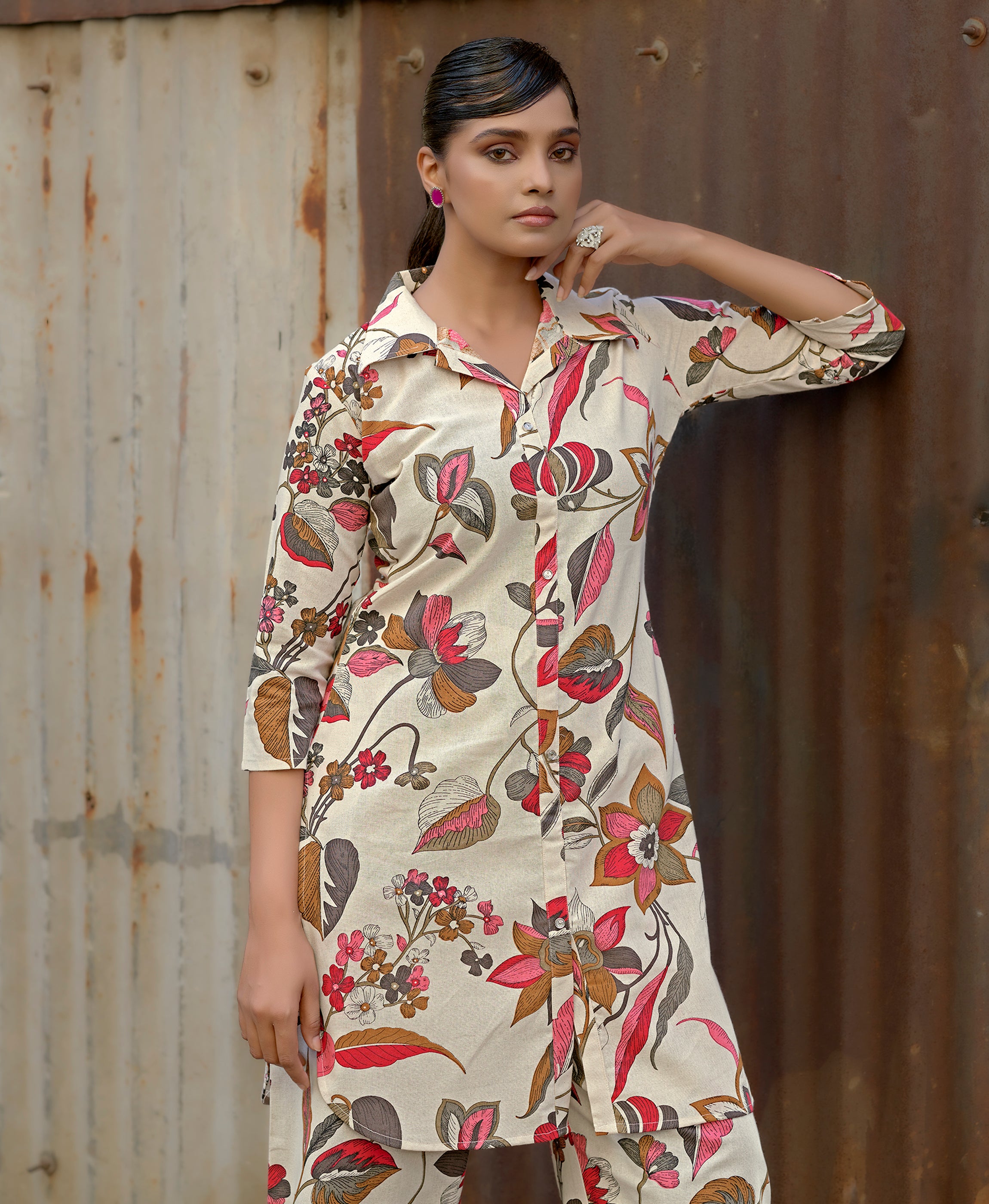Her Couture Women's Cream Khadi Cotton Printed Floral Printed Party Co-ord Set