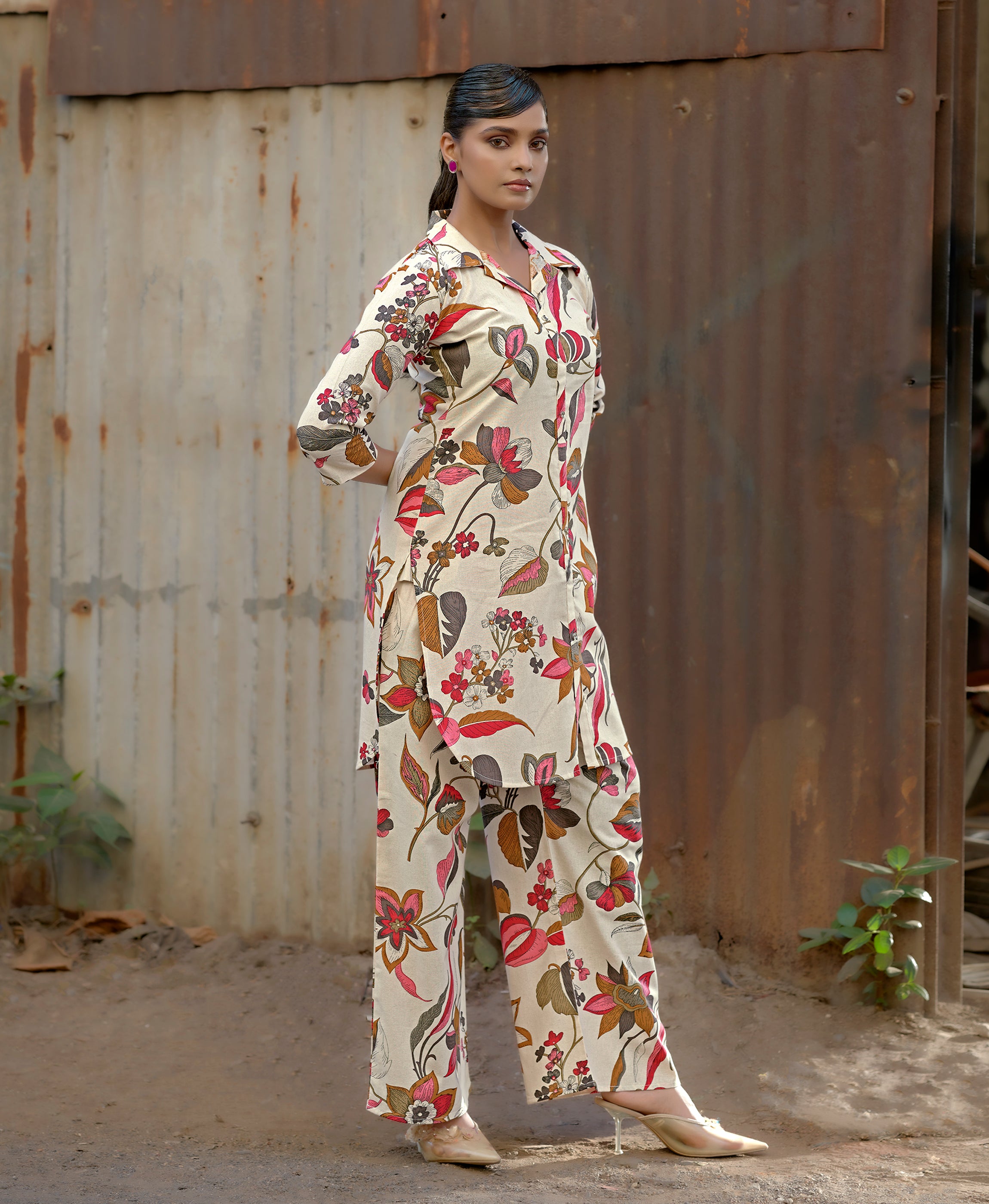 Her Couture Women's Cream Khadi Cotton Printed Floral Printed Party Co-ord Set