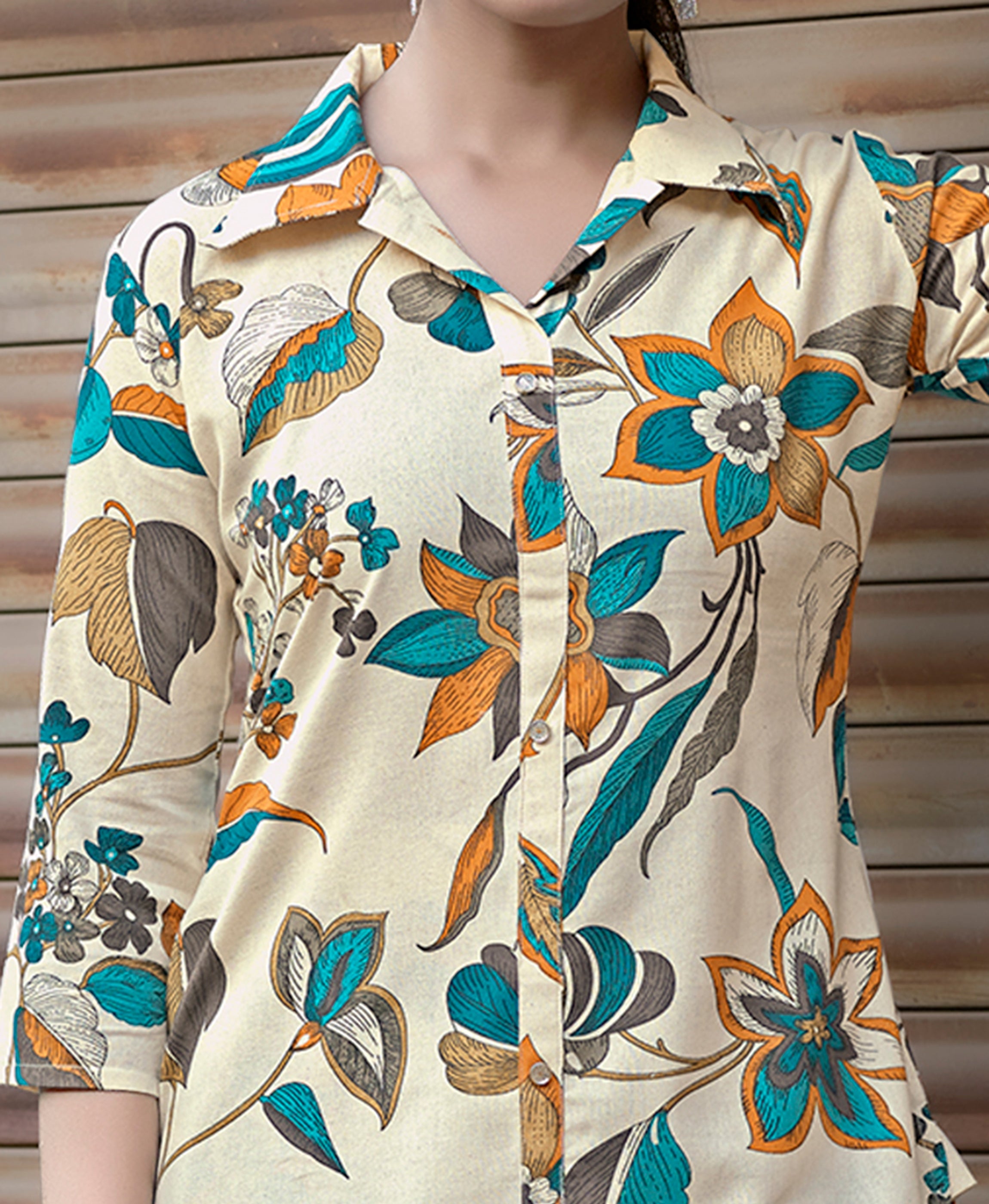 Her Couture Women's Beige Khadi Cotton Printed Floral Printed Party Co-ord Set