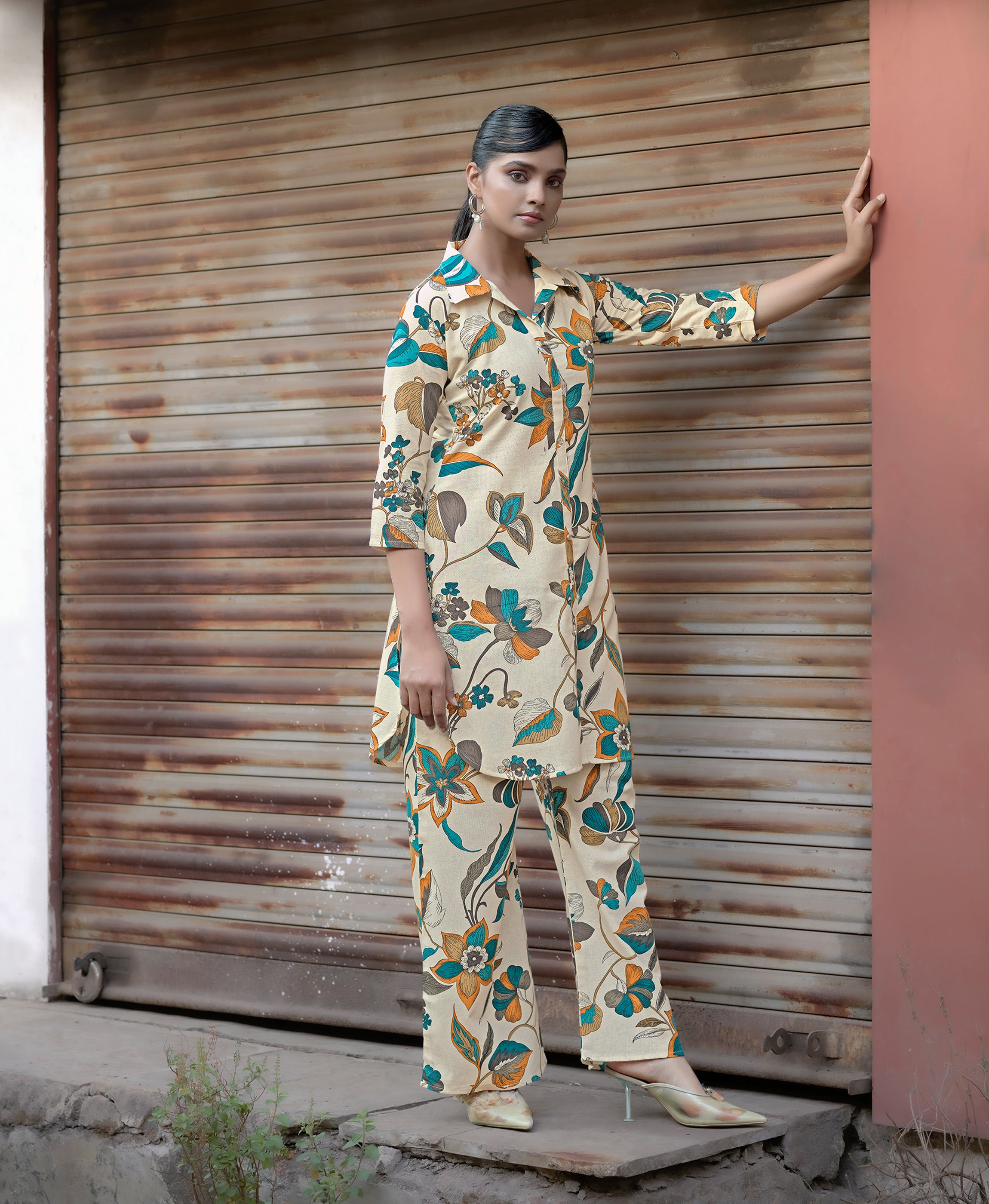 Her Couture Women's Beige Khadi Cotton Printed Floral Printed Party Co-ord Set