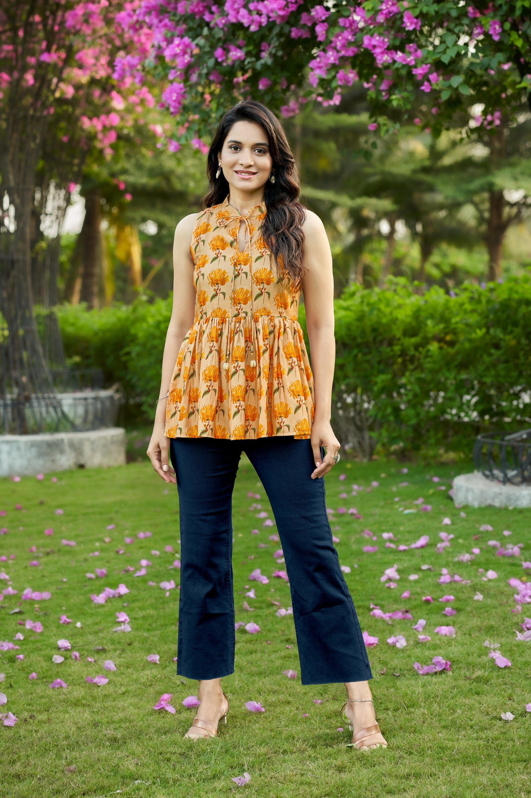 Her Couture Women's Mustard Rayon Blend Floral Printed Peplum Top
