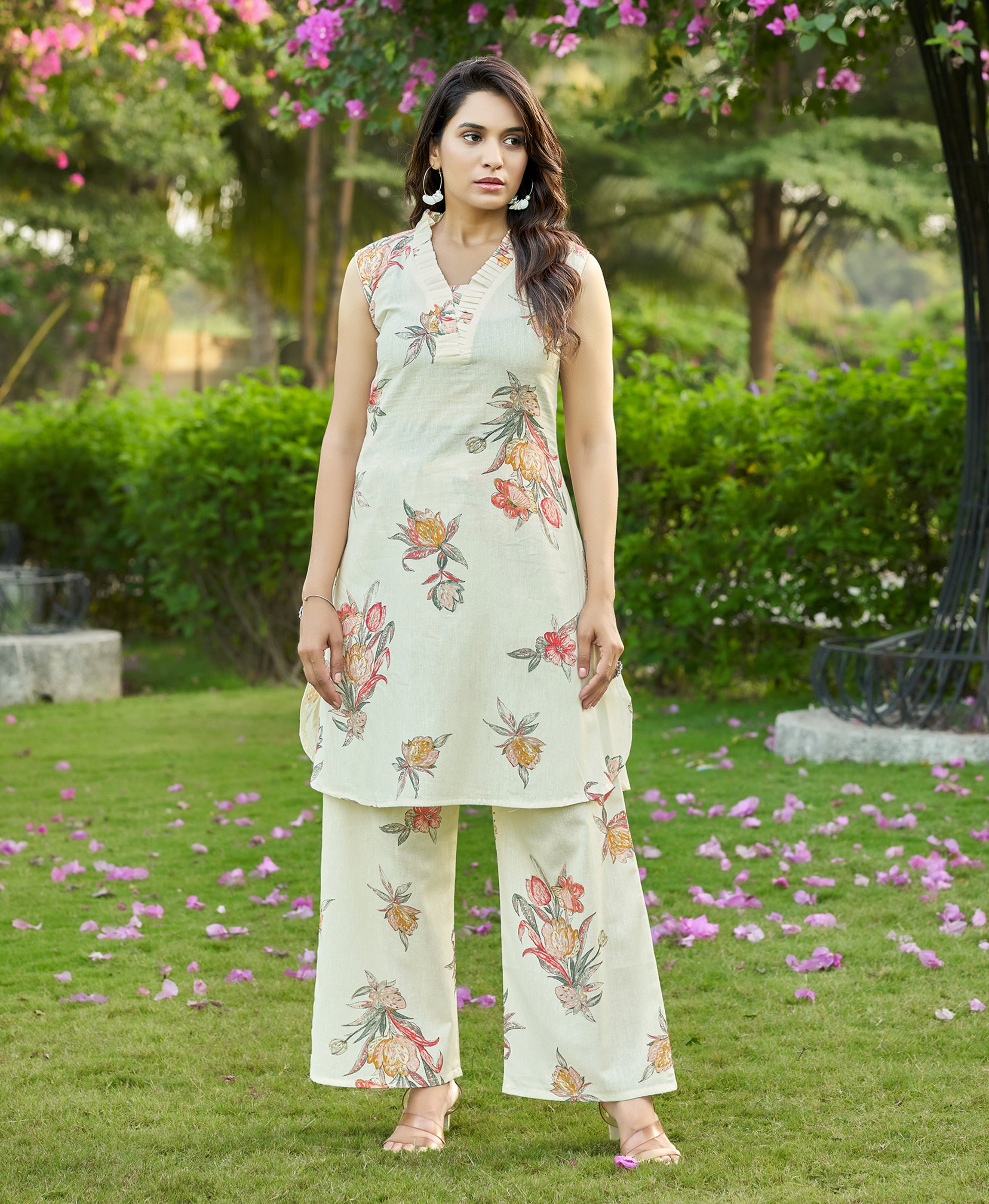 Her Couture Women's Red Cotton Floral Printed Party Co-ord Set
