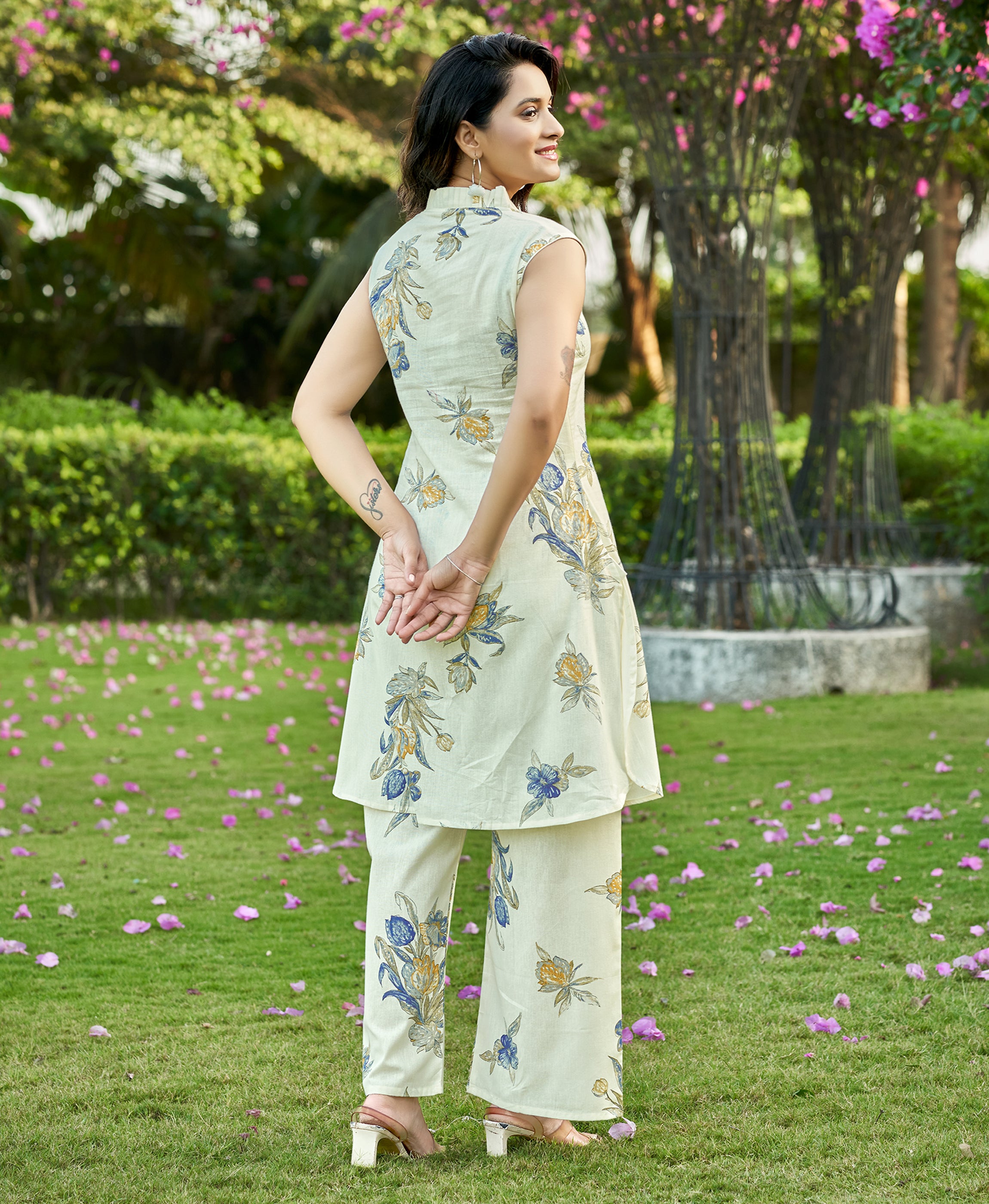 Her Couture Women's Blue Cotton Floral Printed Party Co-ord Set