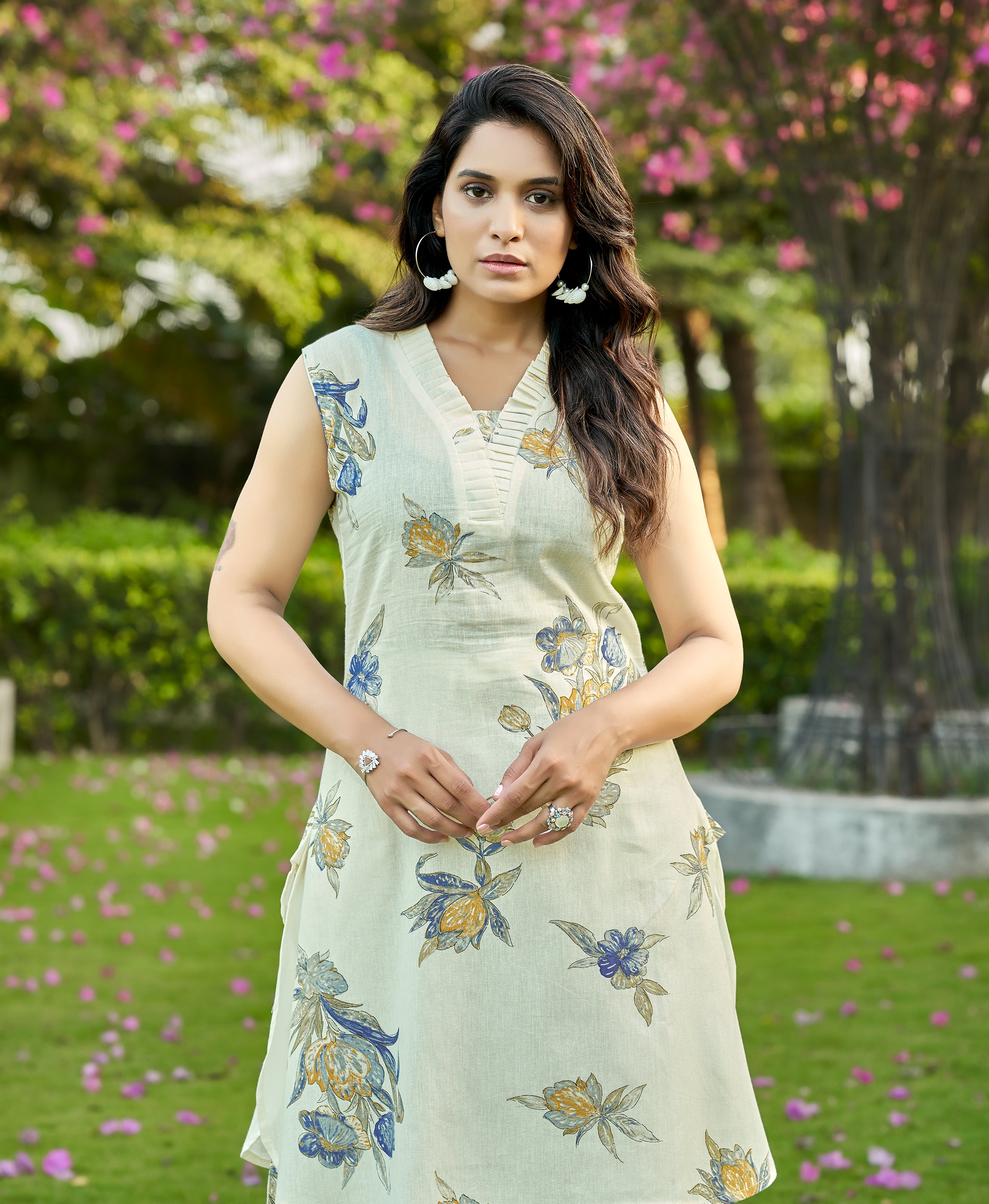 Her Couture Women's Blue Cotton Floral Printed Party Co-ord Set