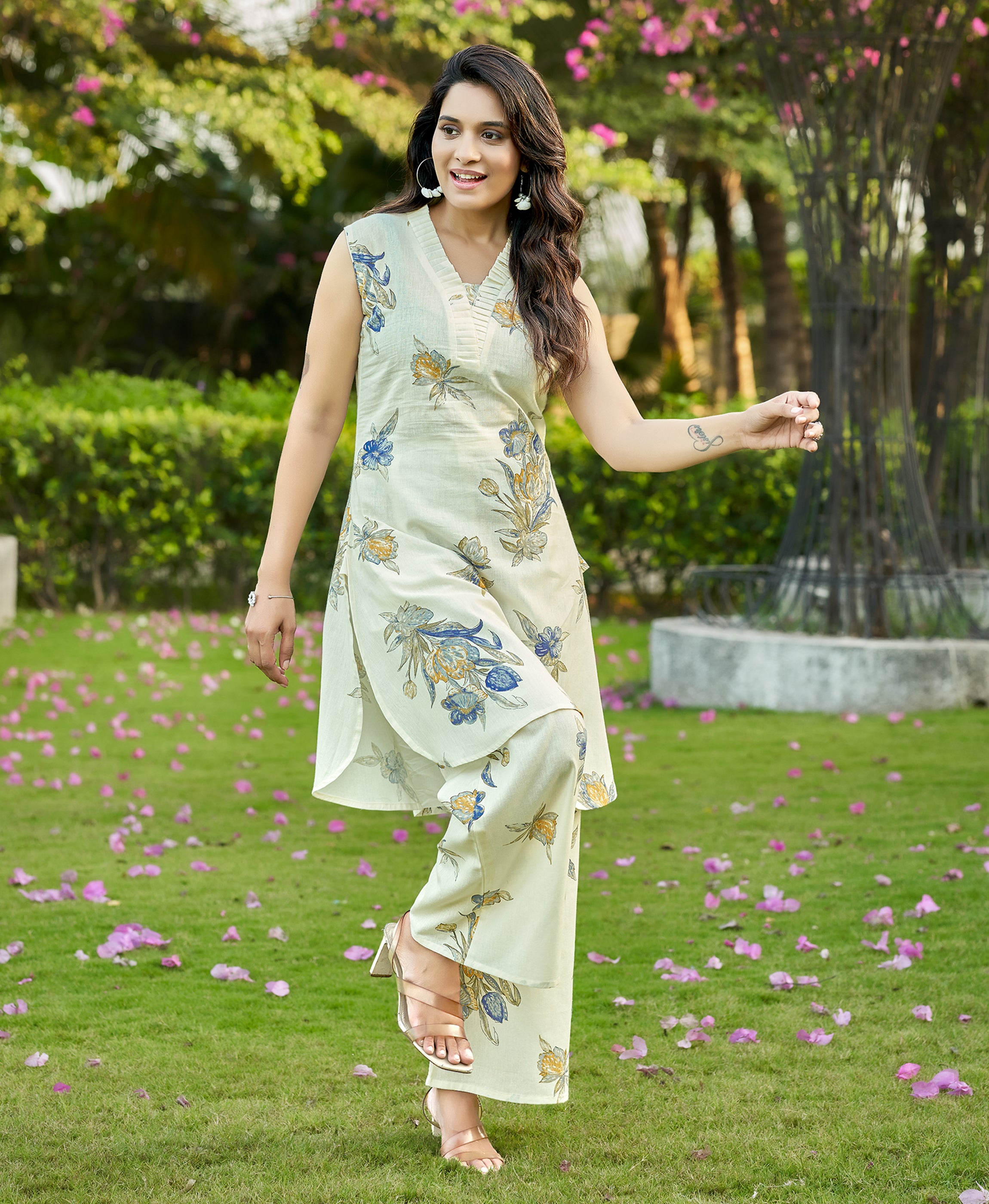 Her Couture Women's Blue Cotton Floral Printed Party Co-ord Set