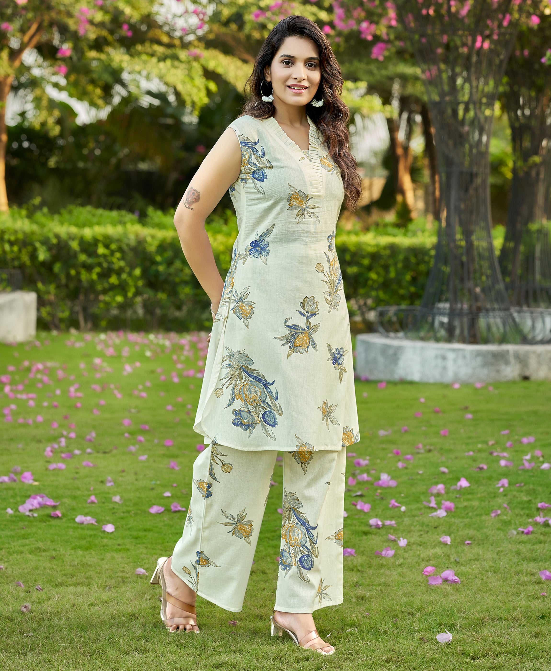 Her Couture Women's Blue Cotton Floral Printed Party Co-ord Set