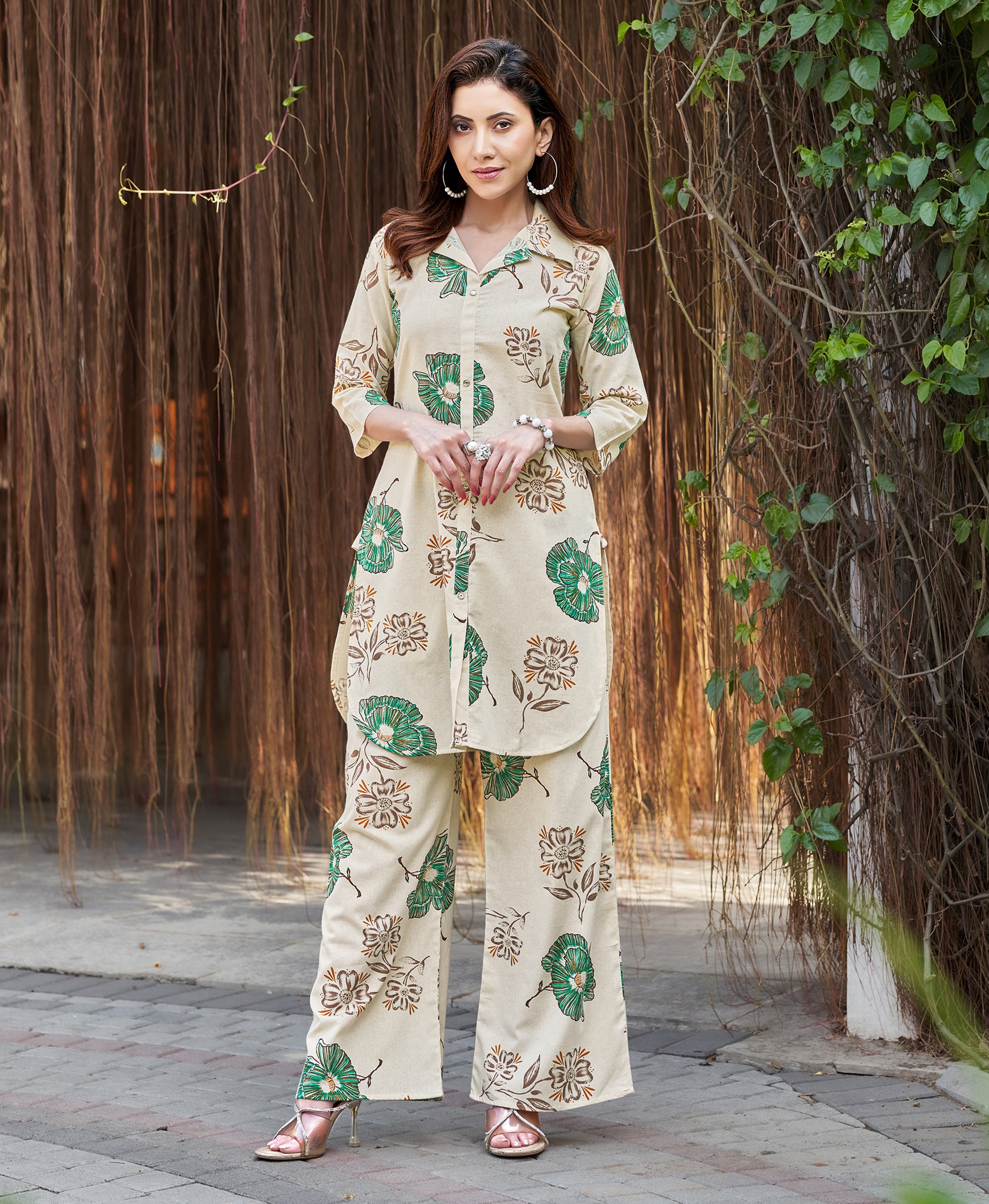 Her Couture Women's Green Cotton Floral Printed Party Co-ord Set
