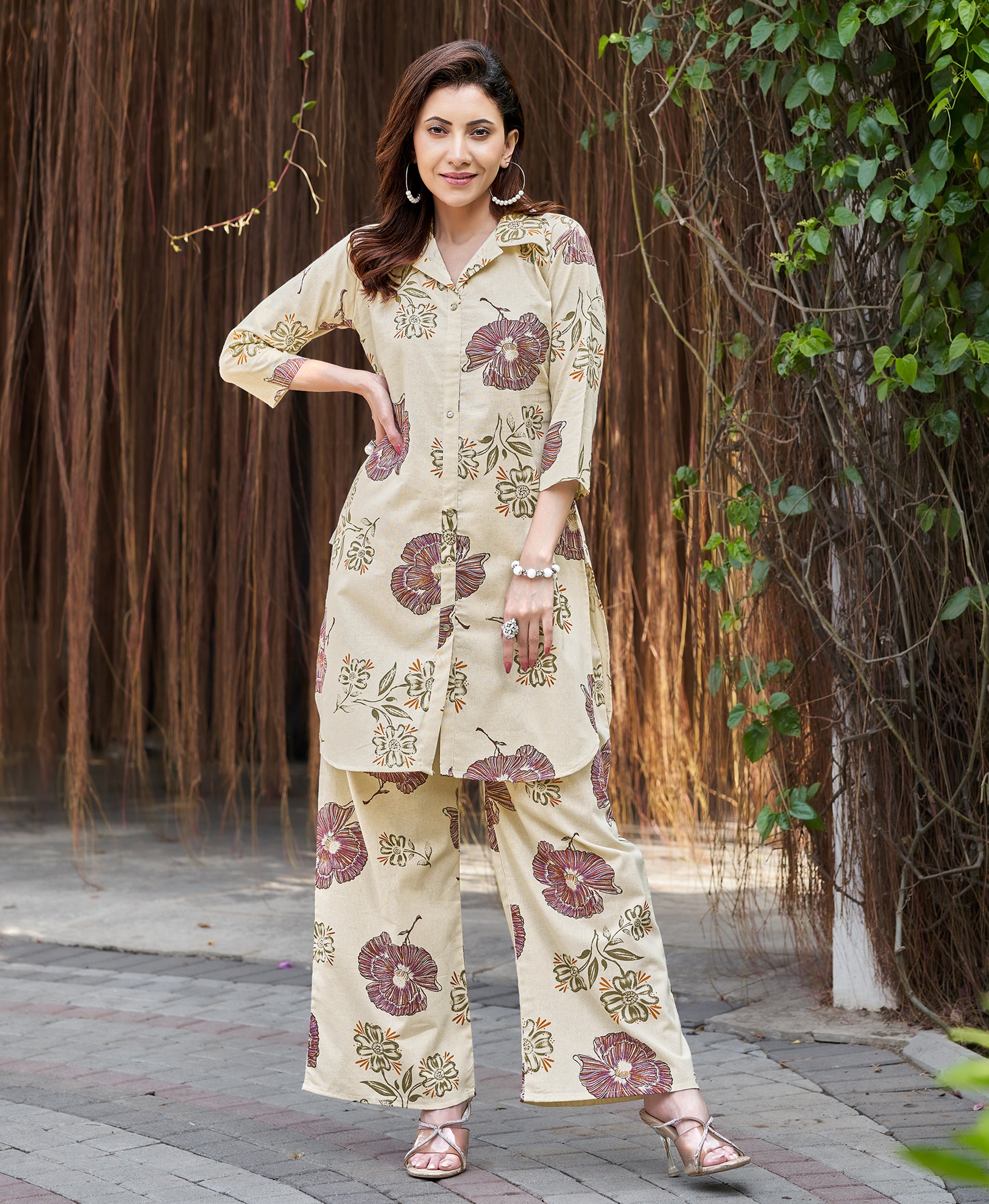 Her Couture Women's Multicolor Cotton Floral Printed Party Co-ord Set