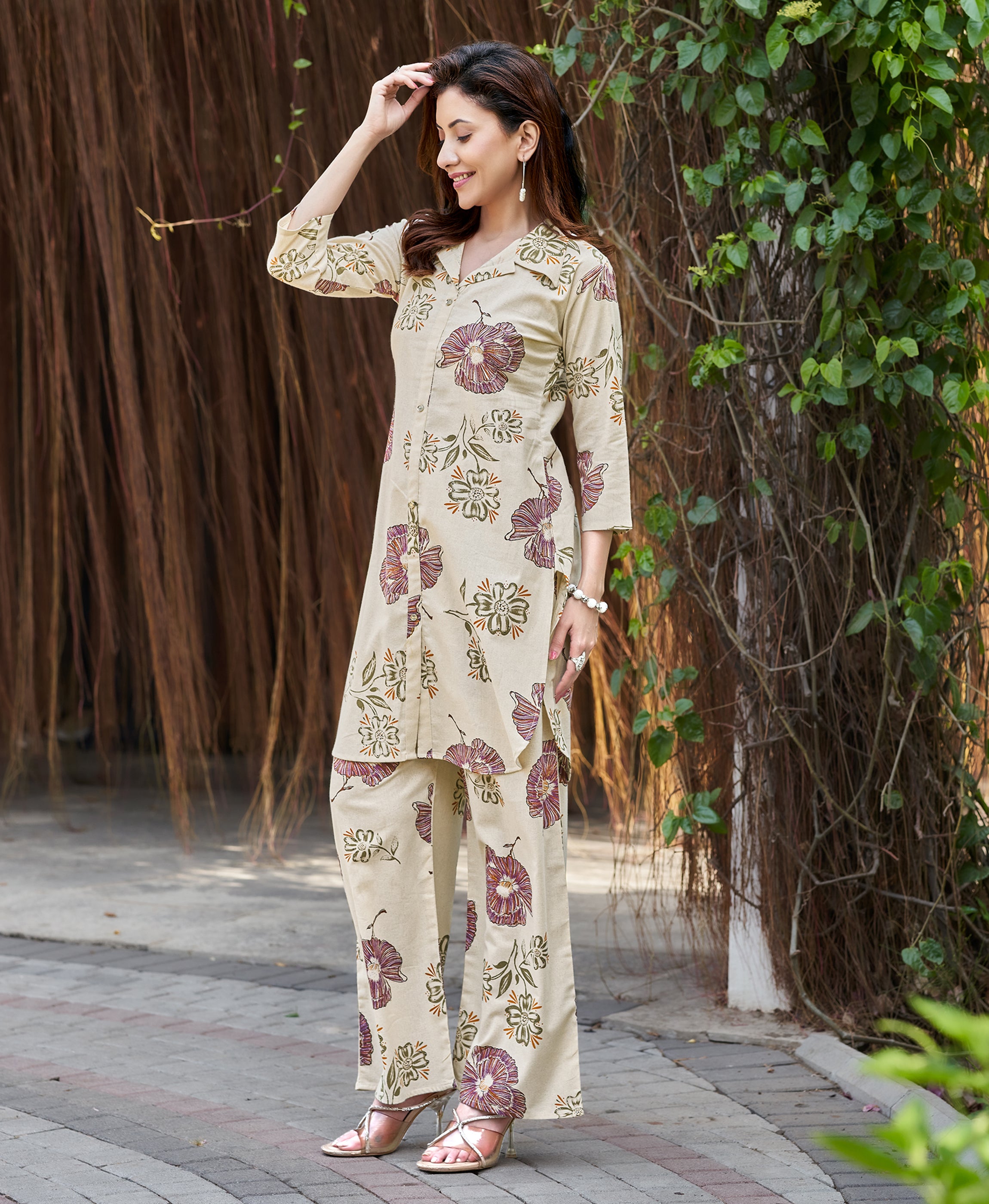 Her Couture Women's Multicolor Cotton Floral Printed Party Co-ord Set